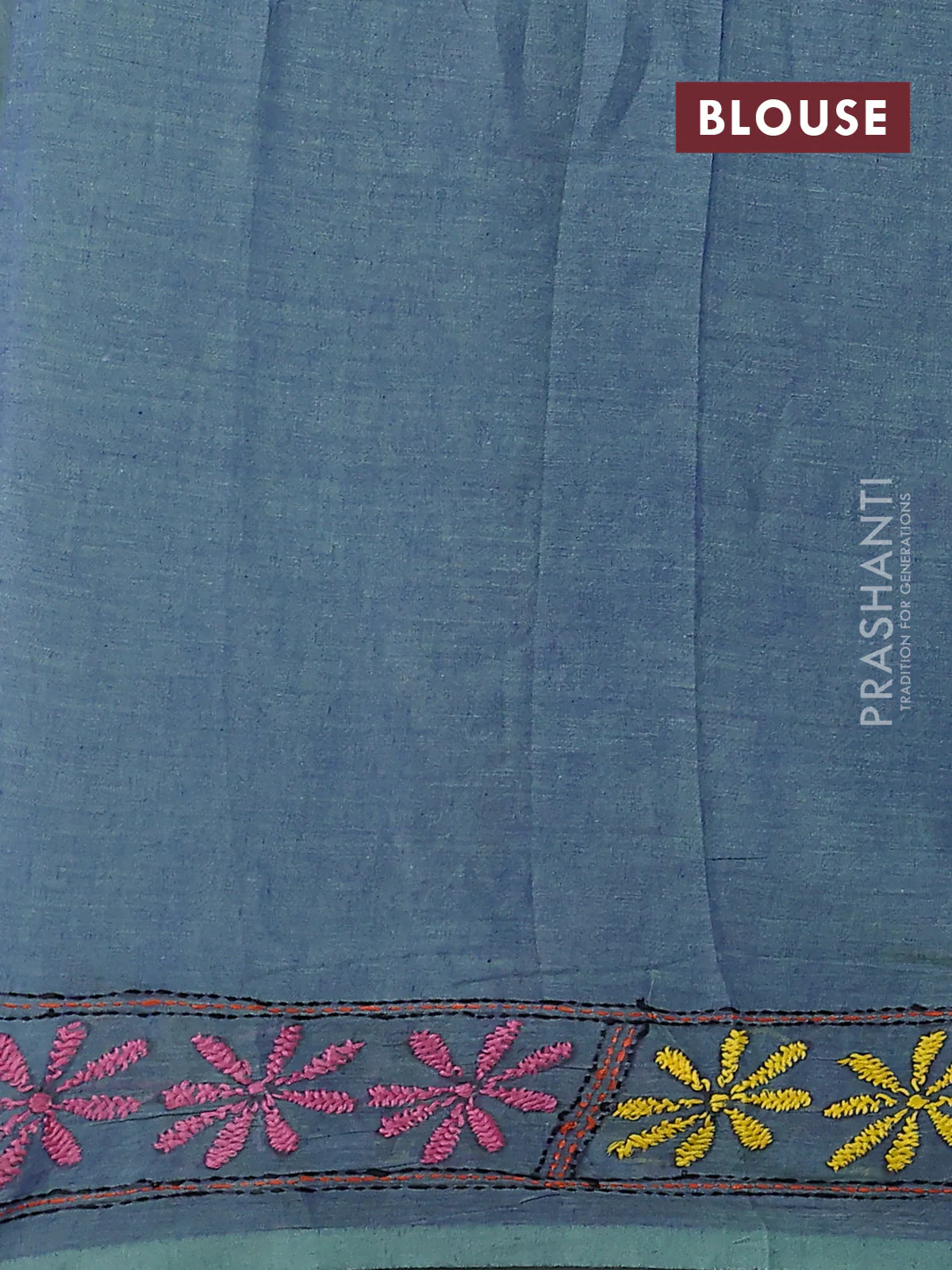 Cotton saree blue and pastel green with kantha stitch work and kantha stitch work pallu - Image 3