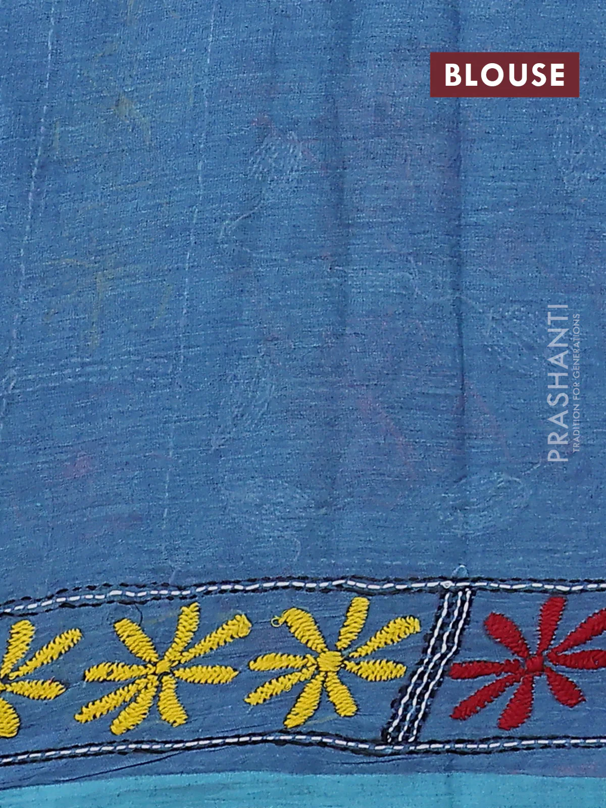 Cotton saree blue with kantha stitch work and kantha stitch work pallu - Image 3