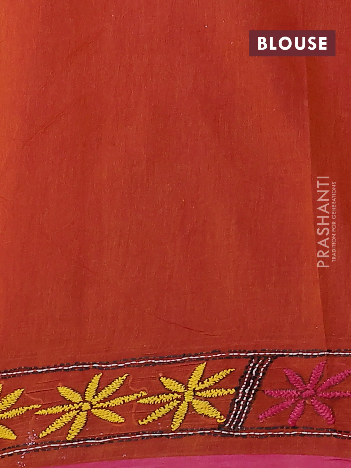 Cotton saree dark mustard and pink with kantha stitch work and kantha stitch work pallu - Image 3