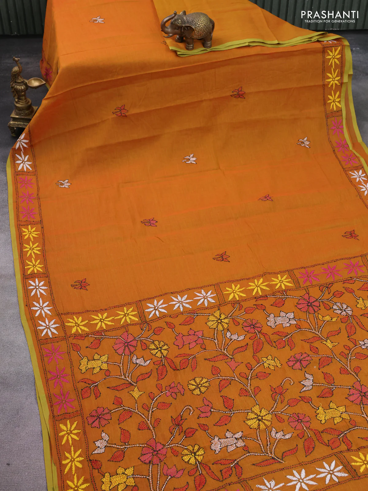 Cotton saree dark mustard with kantha stitch work and kantha stitch work pallu - Image 2