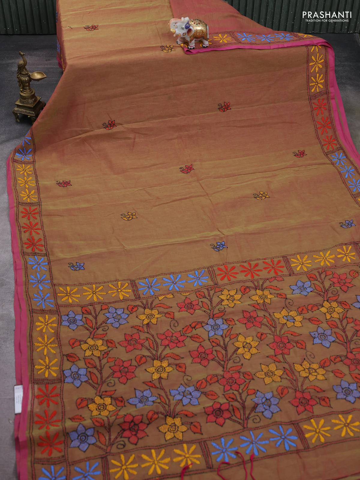 Cotton saree dark mustard with kantha stitch work and kantha stitch work pallu - Image 2