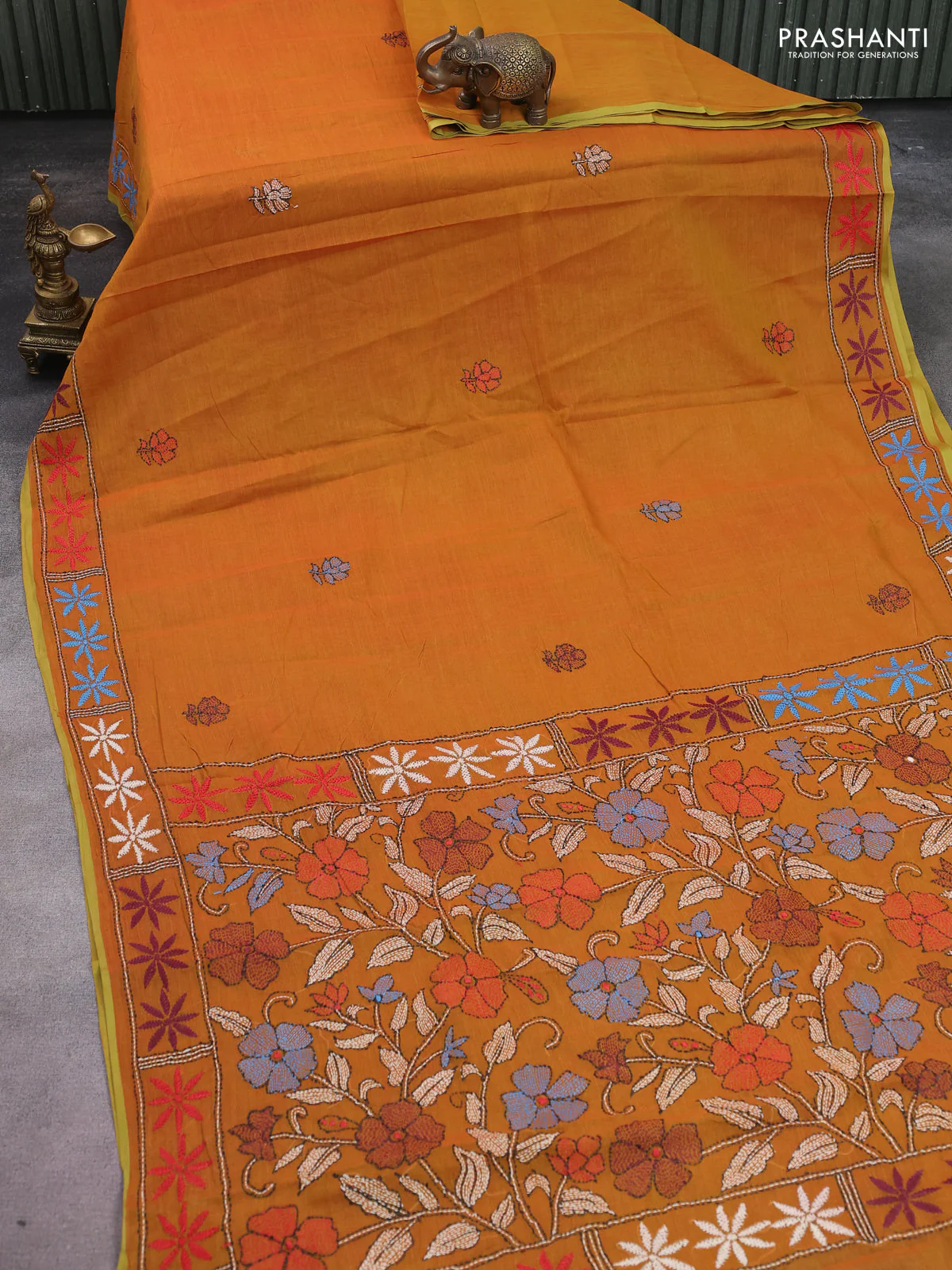 Cotton saree dark mustard with kantha stitch work and kantha stitch work pallu - Image 2