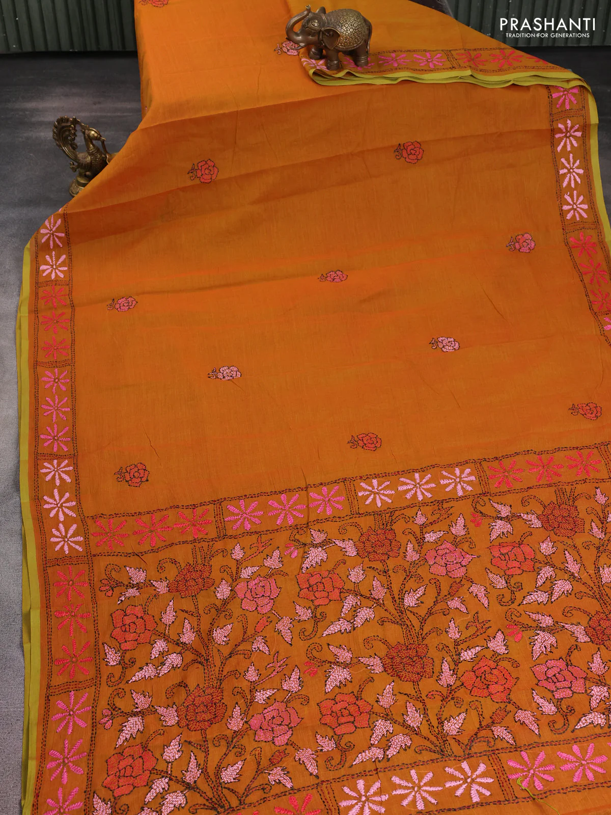 Cotton saree dark mustard with kantha stitch work and kantha stitch work pallu - Image 2