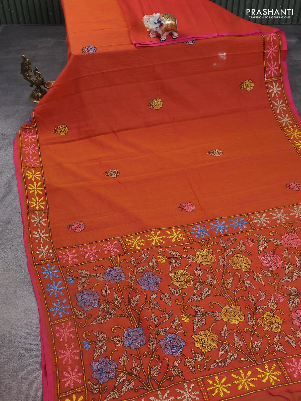 Cotton saree dark mustard with kantha stitch work and kantha stitch work pallu - Image 2