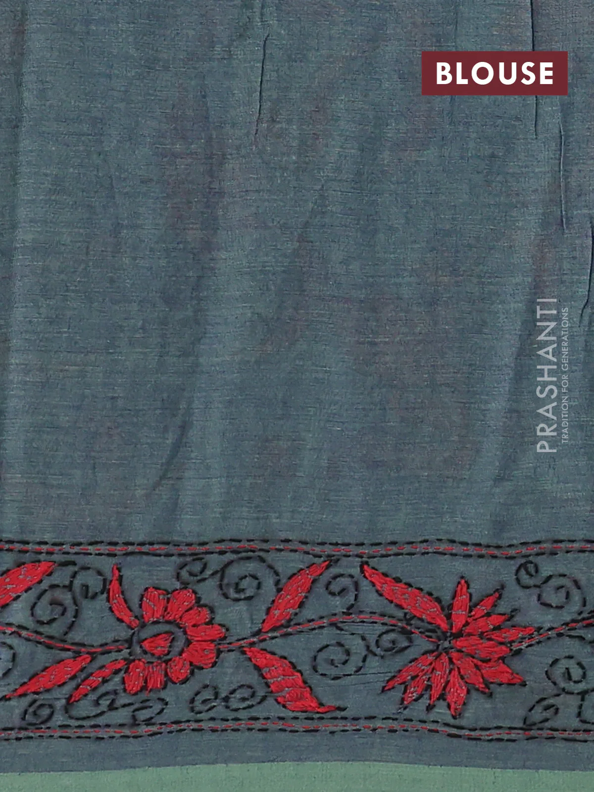 Cotton saree dual shade of blue and pastel green with kantha stitch work and kantha stitch work pallu - Image 3
