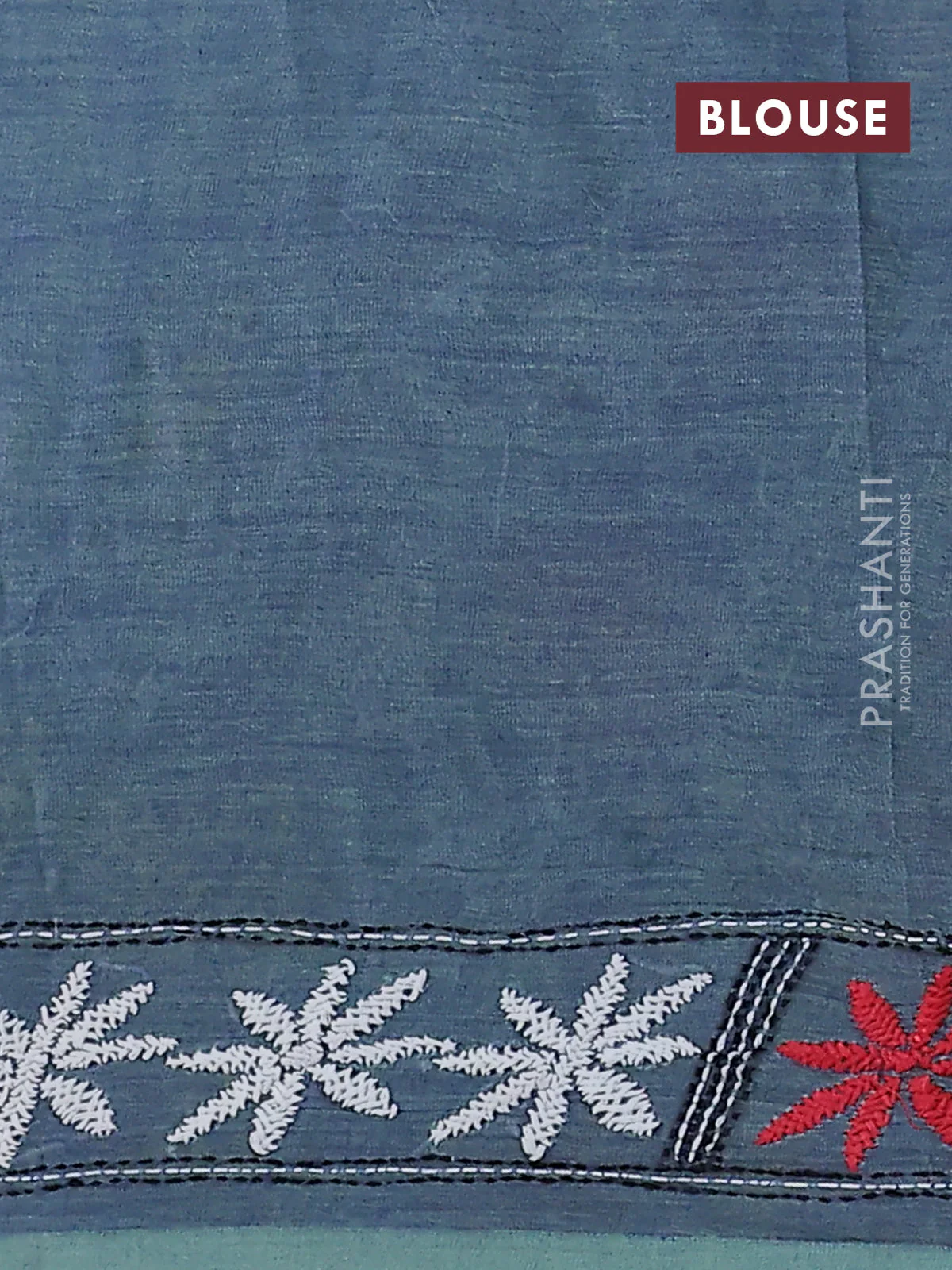 Cotton saree dual shade of blue and pastel green with kantha stitch work and kantha stitch work pallu - Image 3