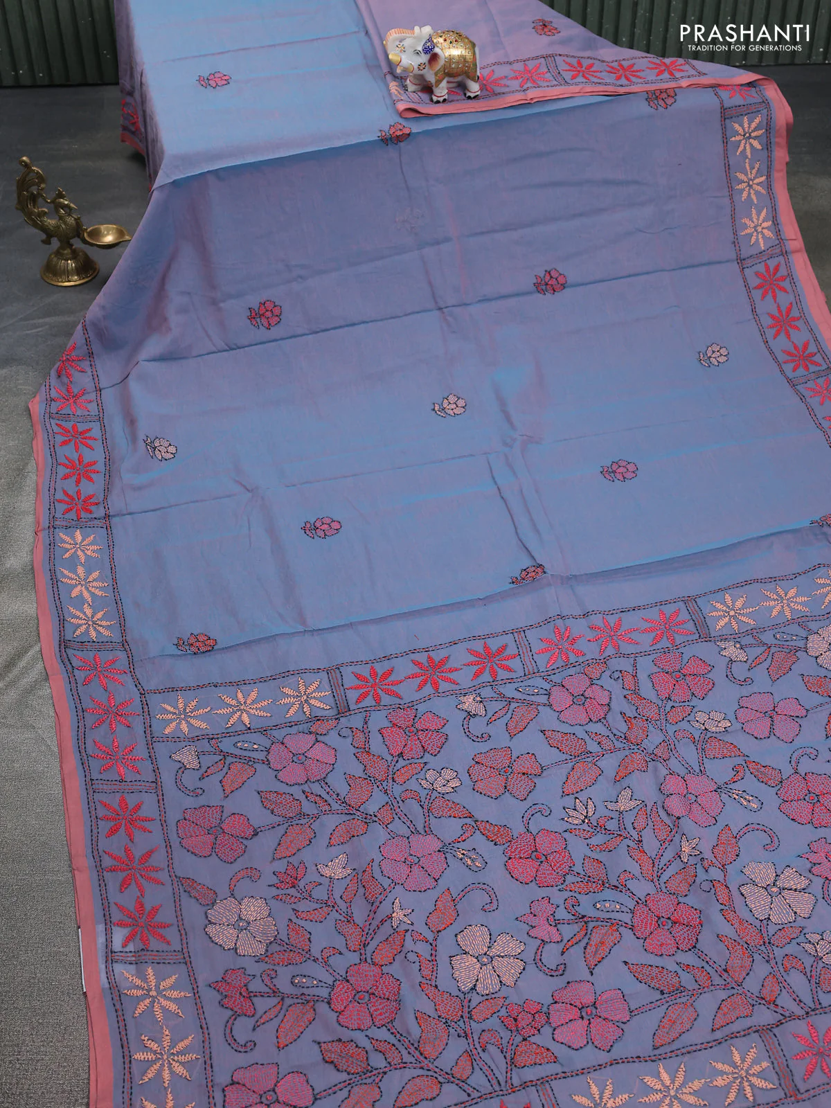 Cotton saree dual shade of blue with kantha stitch work and kantha stitch work pallu - Image 2