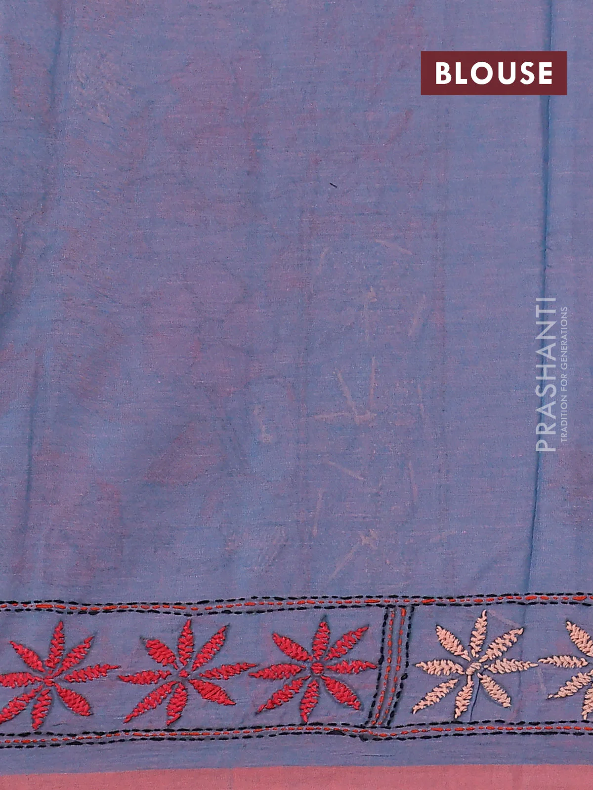 Cotton saree dual shade of blue with kantha stitch work and kantha stitch work pallu - Image 3