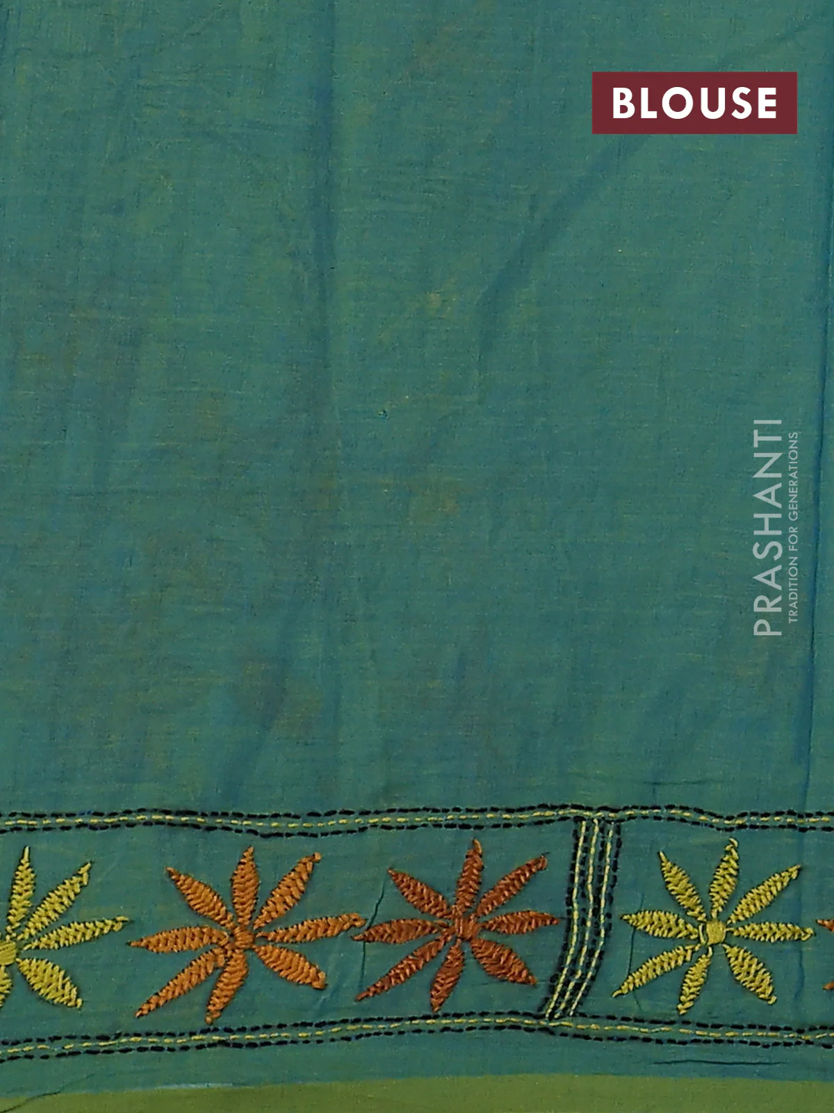 Cotton saree dual shade of bluish green with kantha stitch work and kantha stitch work pallu - Image 3