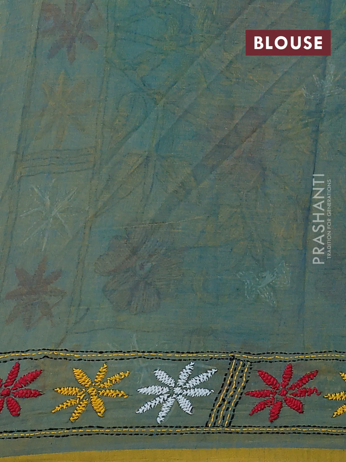 Cotton saree dual shade of bluish yellow with kantha stitch work and kantha stitch work pallu - Image 3