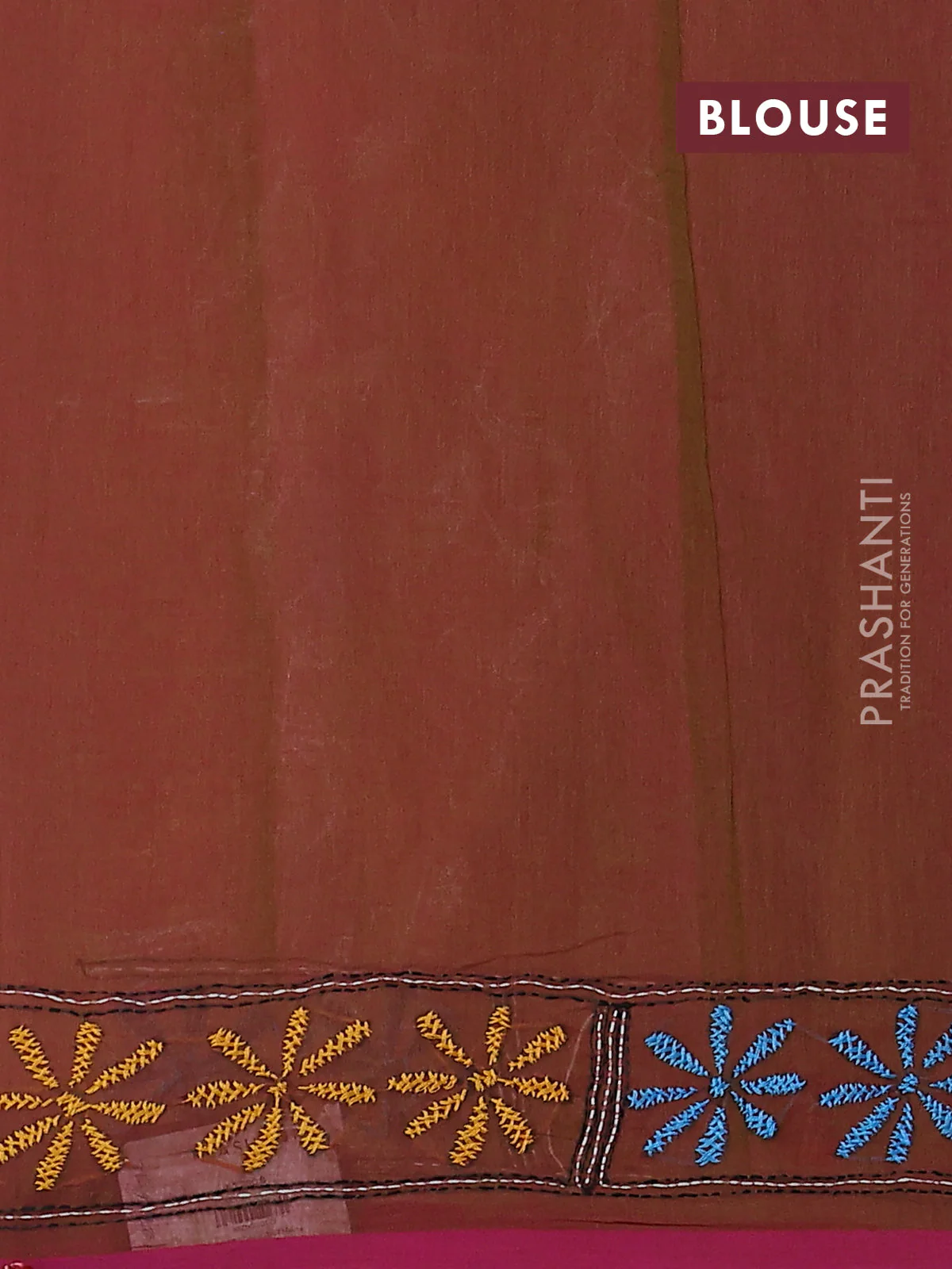 Cotton saree dual shade of green and pink with kantha stitch work and kantha stitch work pallu - Image 3