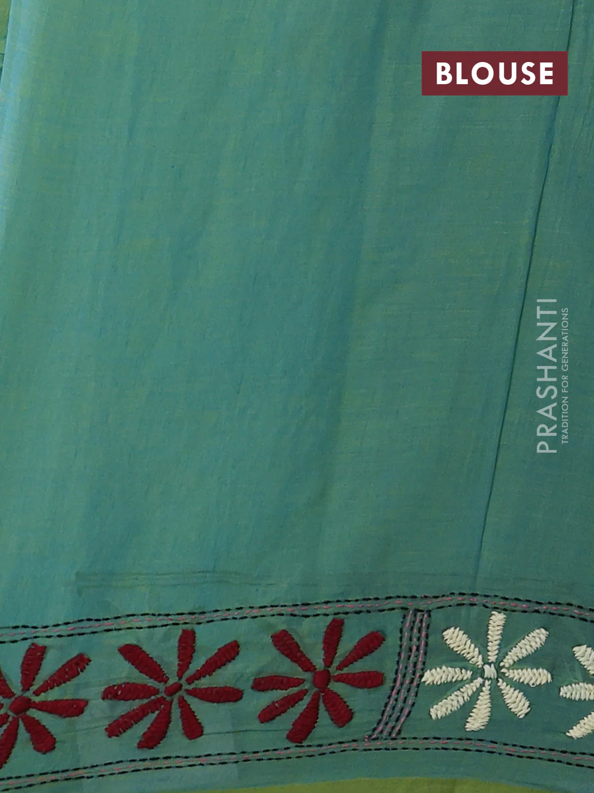 Cotton saree dual shade of green with kantha stitch work and kantha stitch work pallu - Image 3