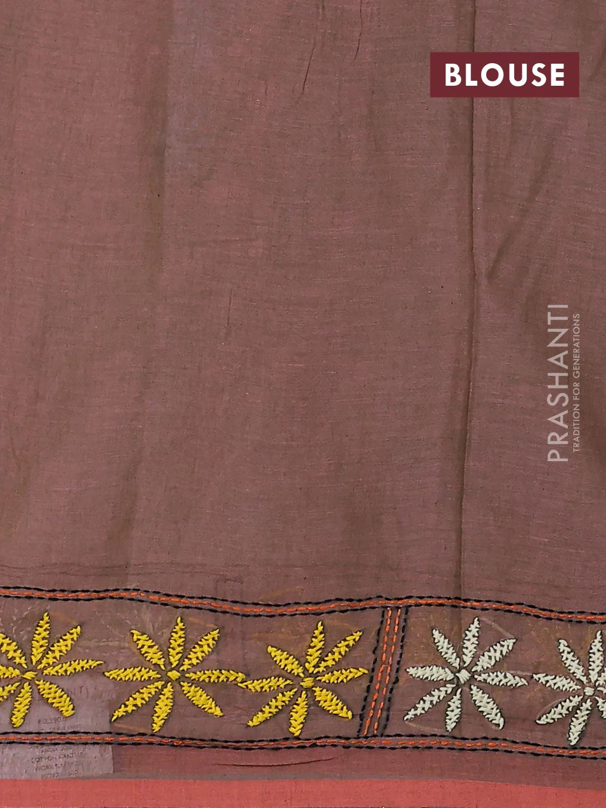 Cotton saree dual shade of greenish orange with kantha stitch work and kantha stitch work pallu - Image 3