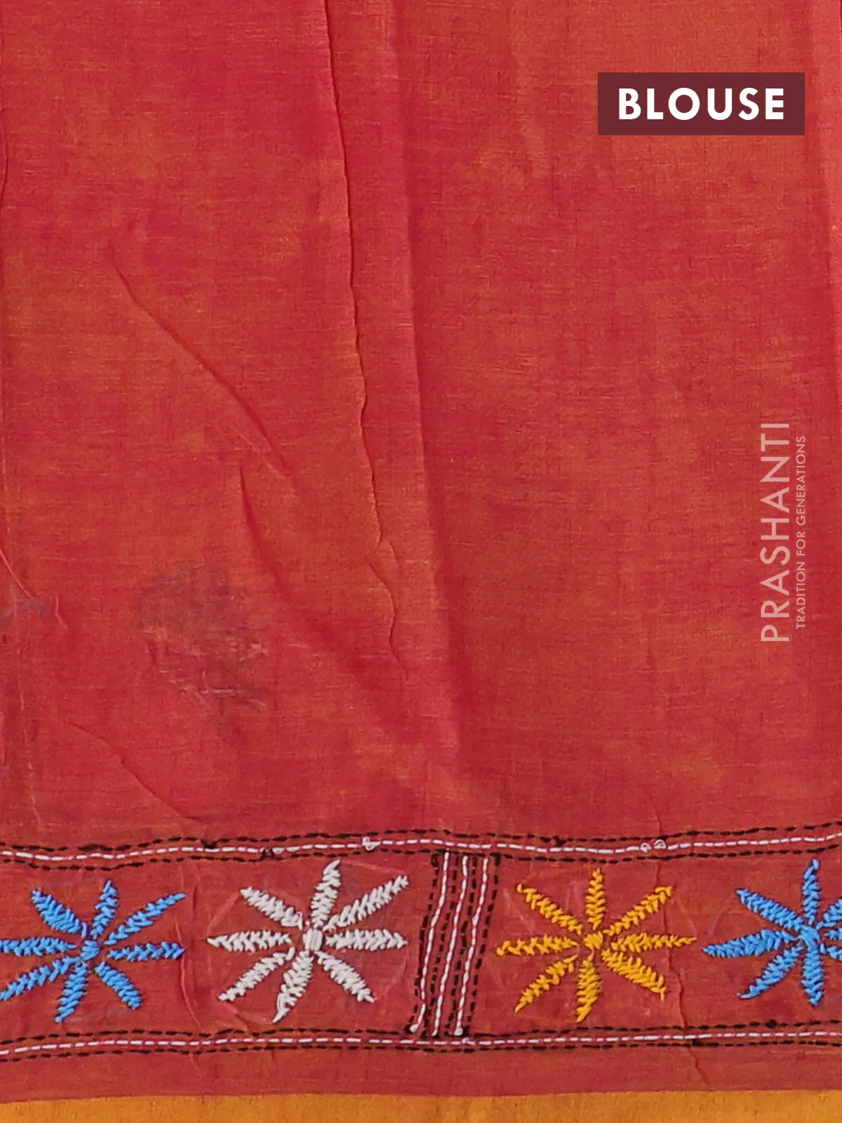Cotton saree dual shade of pinkish yellow with kantha stitch work and kantha stitch work pallu - Image 3