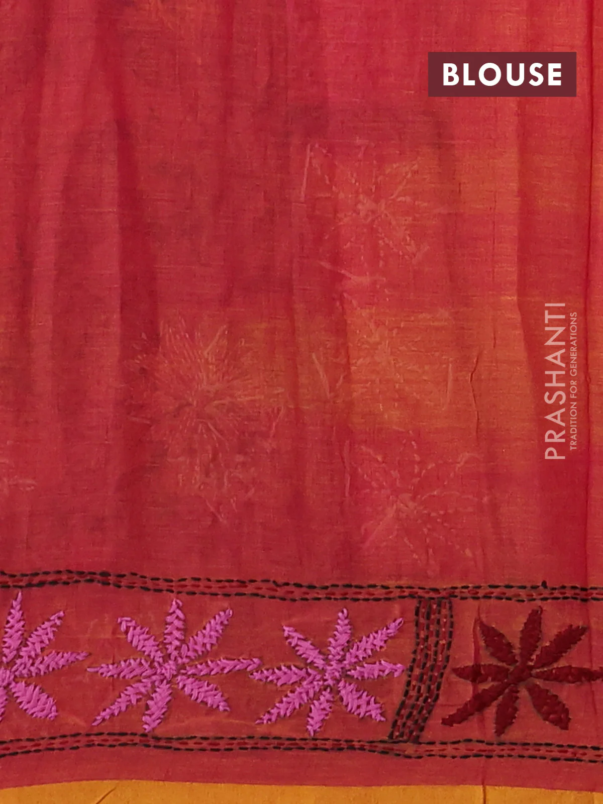 Cotton saree dual shade of pinkish yellow with kantha stitch work and kantha stitch work pallu - Image 3