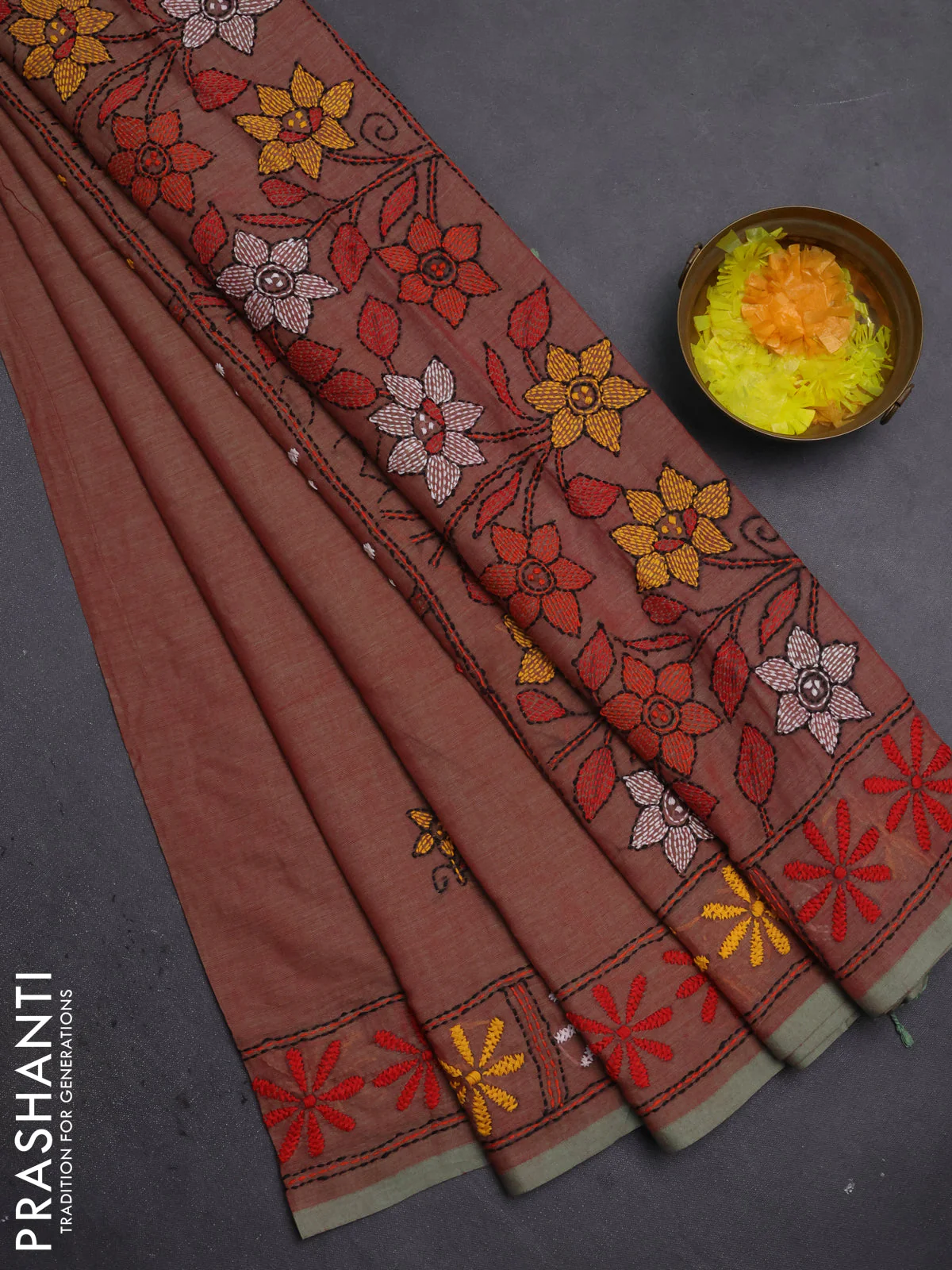Cotton saree dual shade of red with kantha stitch work and kantha stitch work pallu