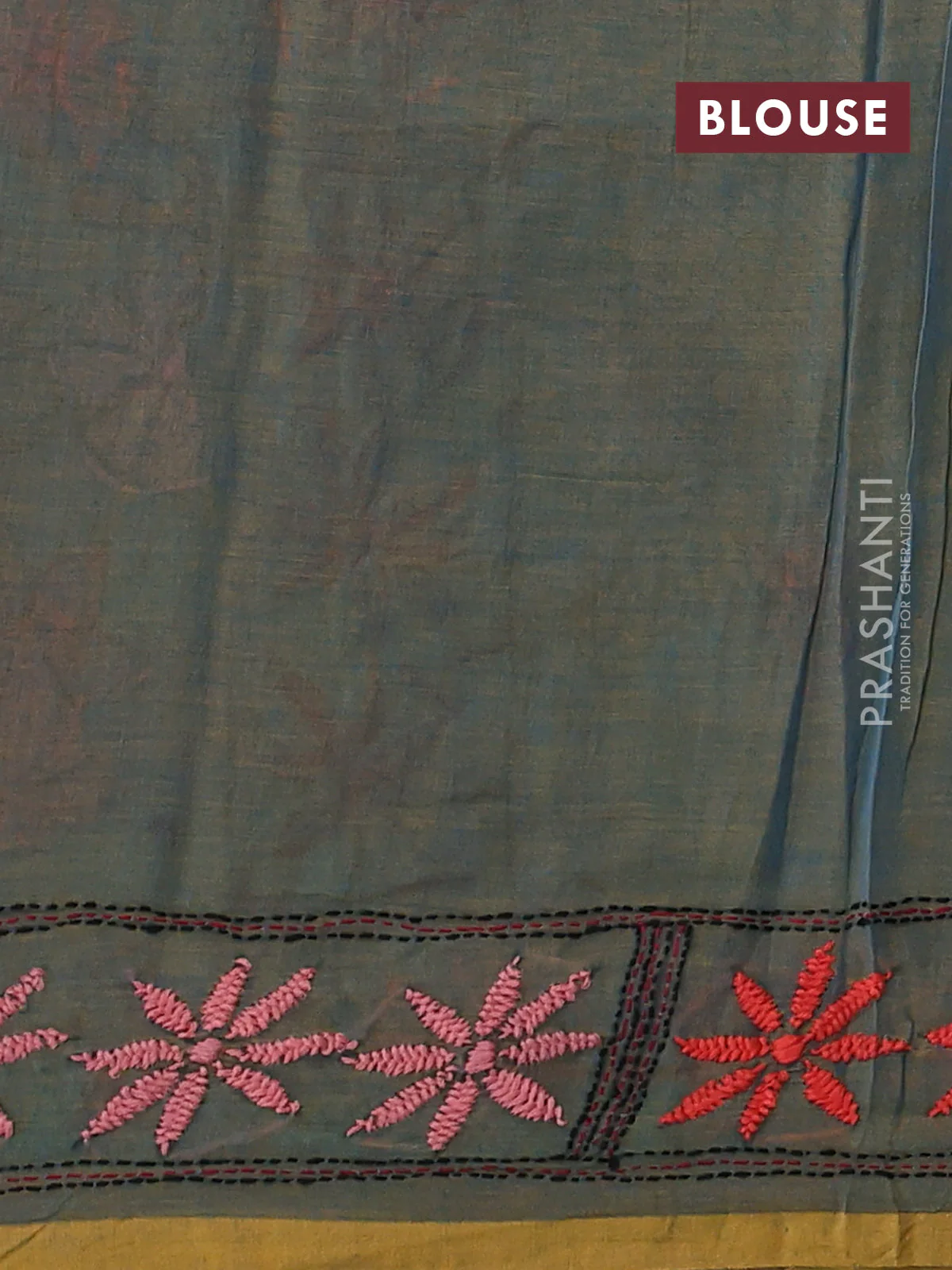 Cotton saree dual shade of teal blue and mustard yellow with kantha stitch work and kantha stitch work pallu - Image 3