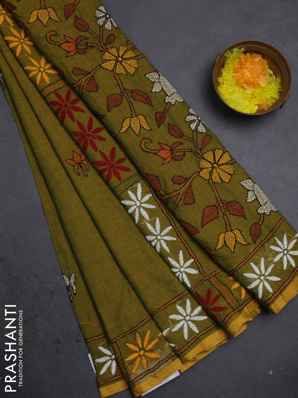 Cotton saree green and mustard yellow with kantha stitch work and kantha stitch work pallu