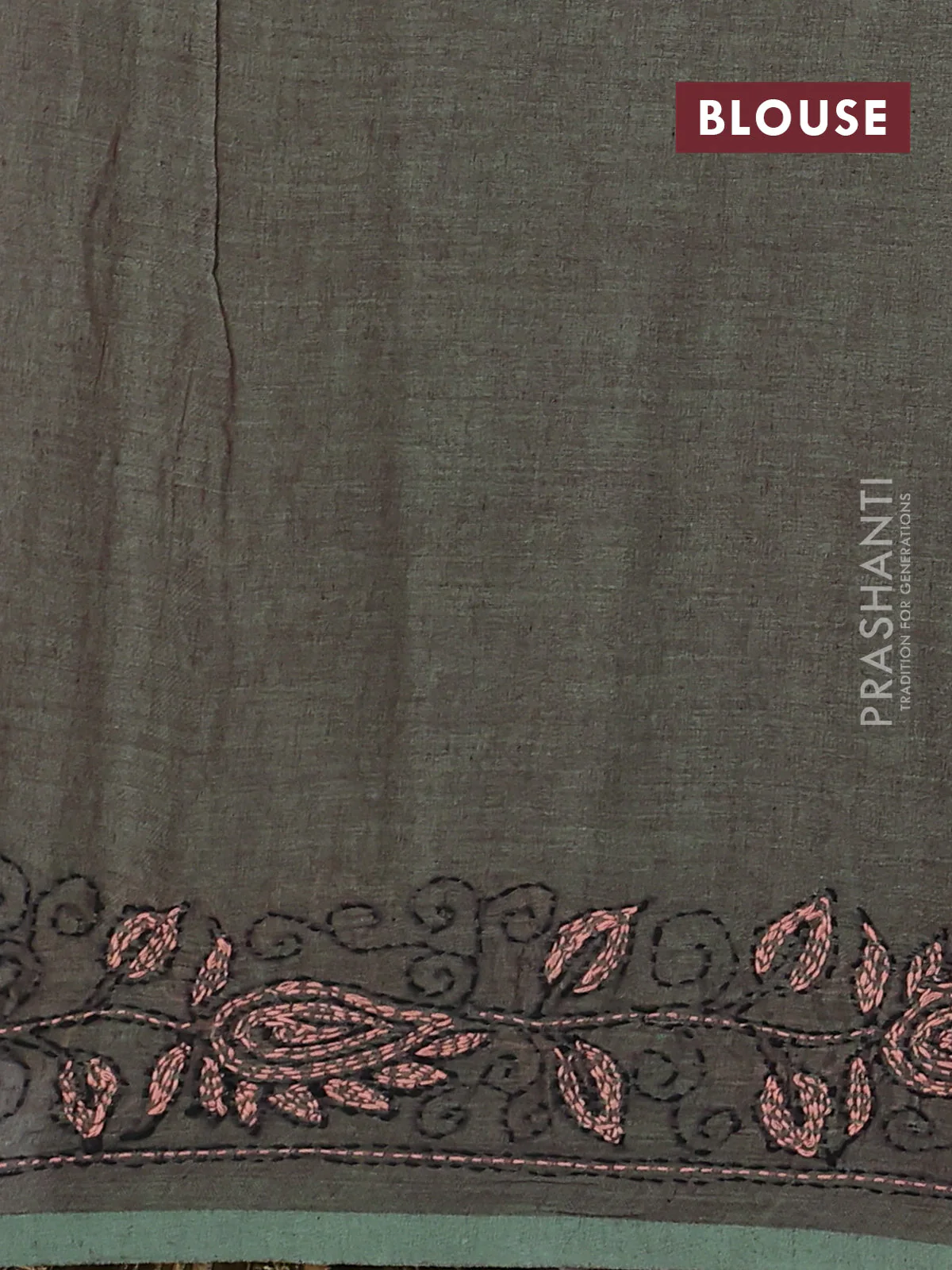 Cotton saree green with kantha stitch work and kantha stitch work pallu - Image 3