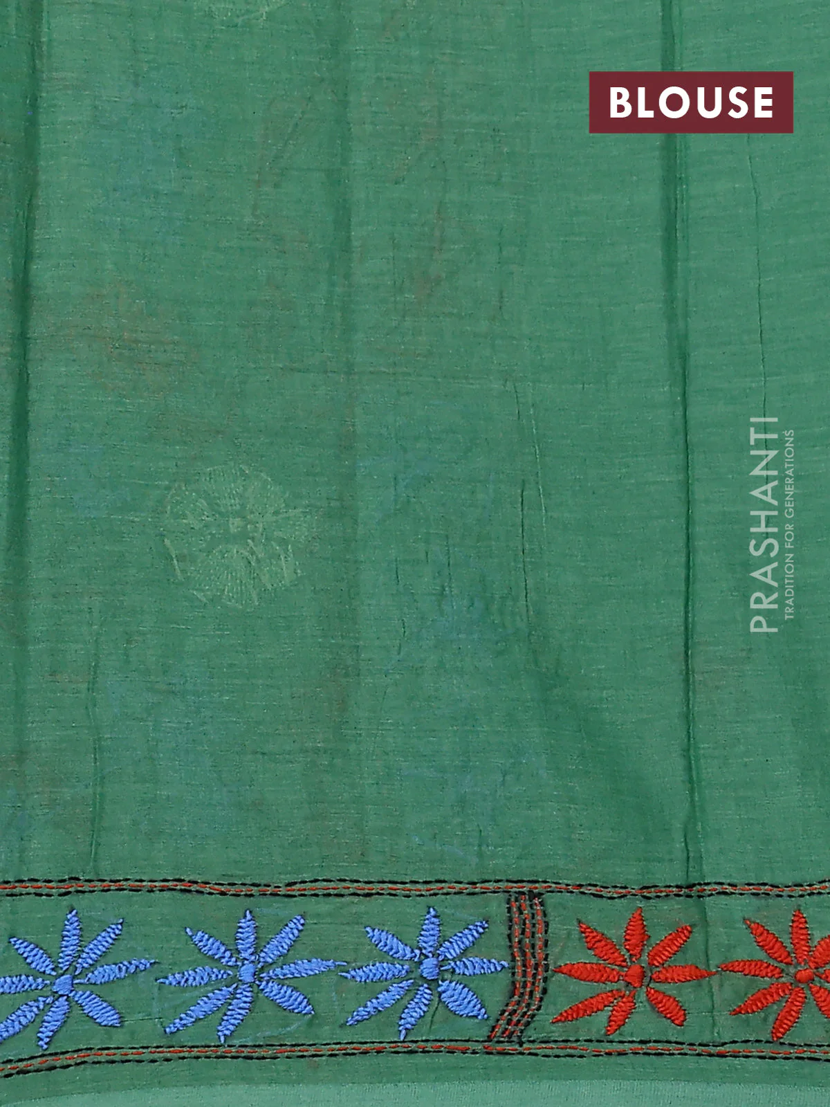 Cotton saree green with kantha stitch work and kantha stitch work pallu - Image 3
