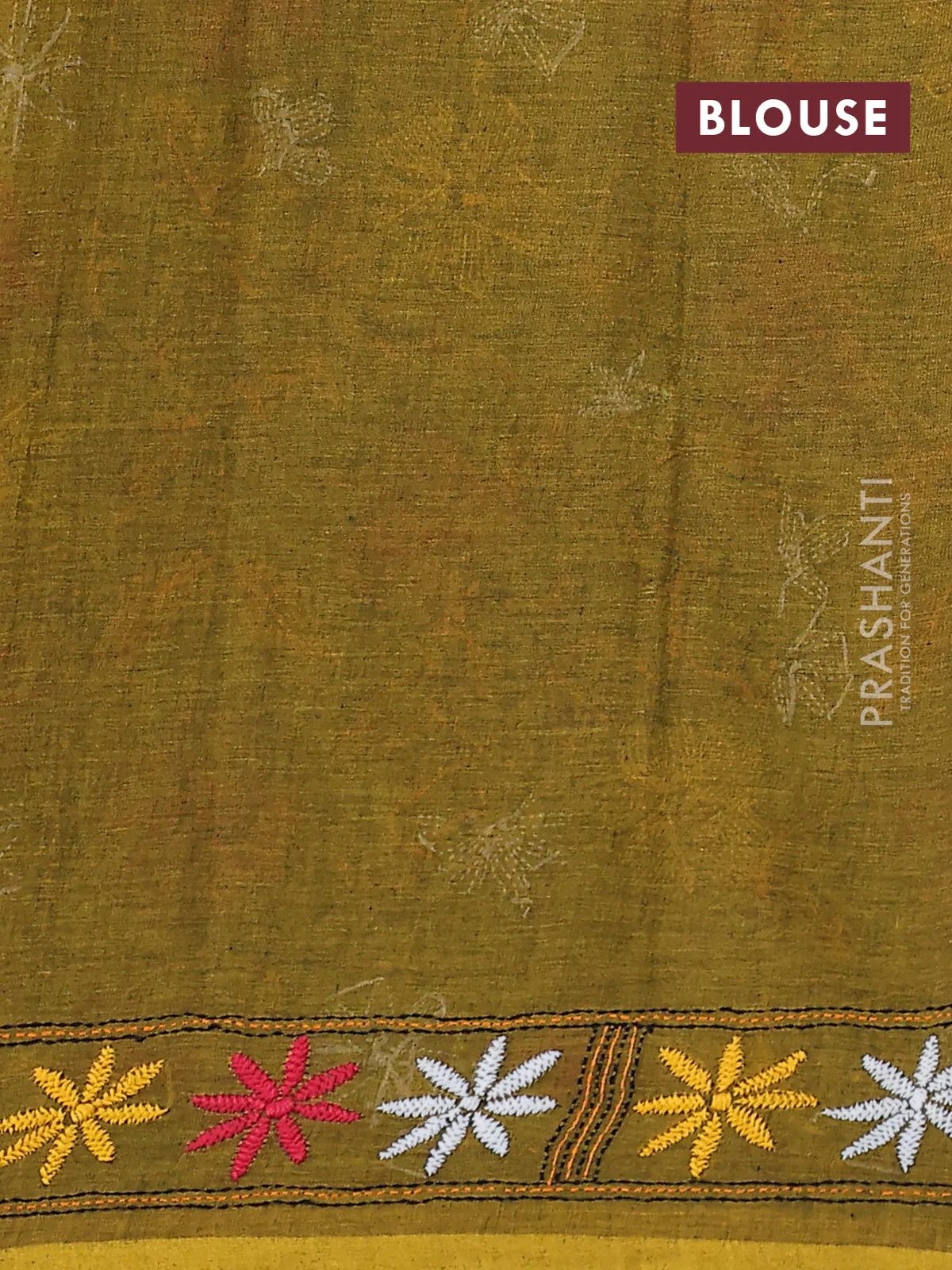 Cotton saree mahandhi green with kantha stitch work and kantha stitch work pallu - Image 3