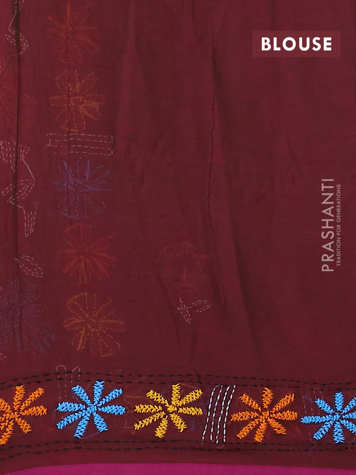 Cotton saree maroon with kantha stitch work and kantha stitch work pallu - Image 3