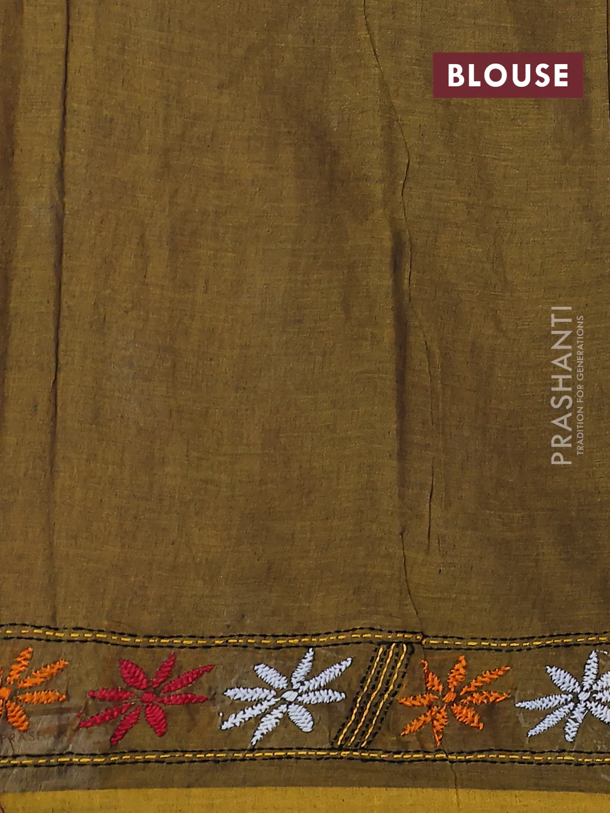 Cotton saree mehendi green with kantha stitch work and kantha stitch work pallu - Image 3