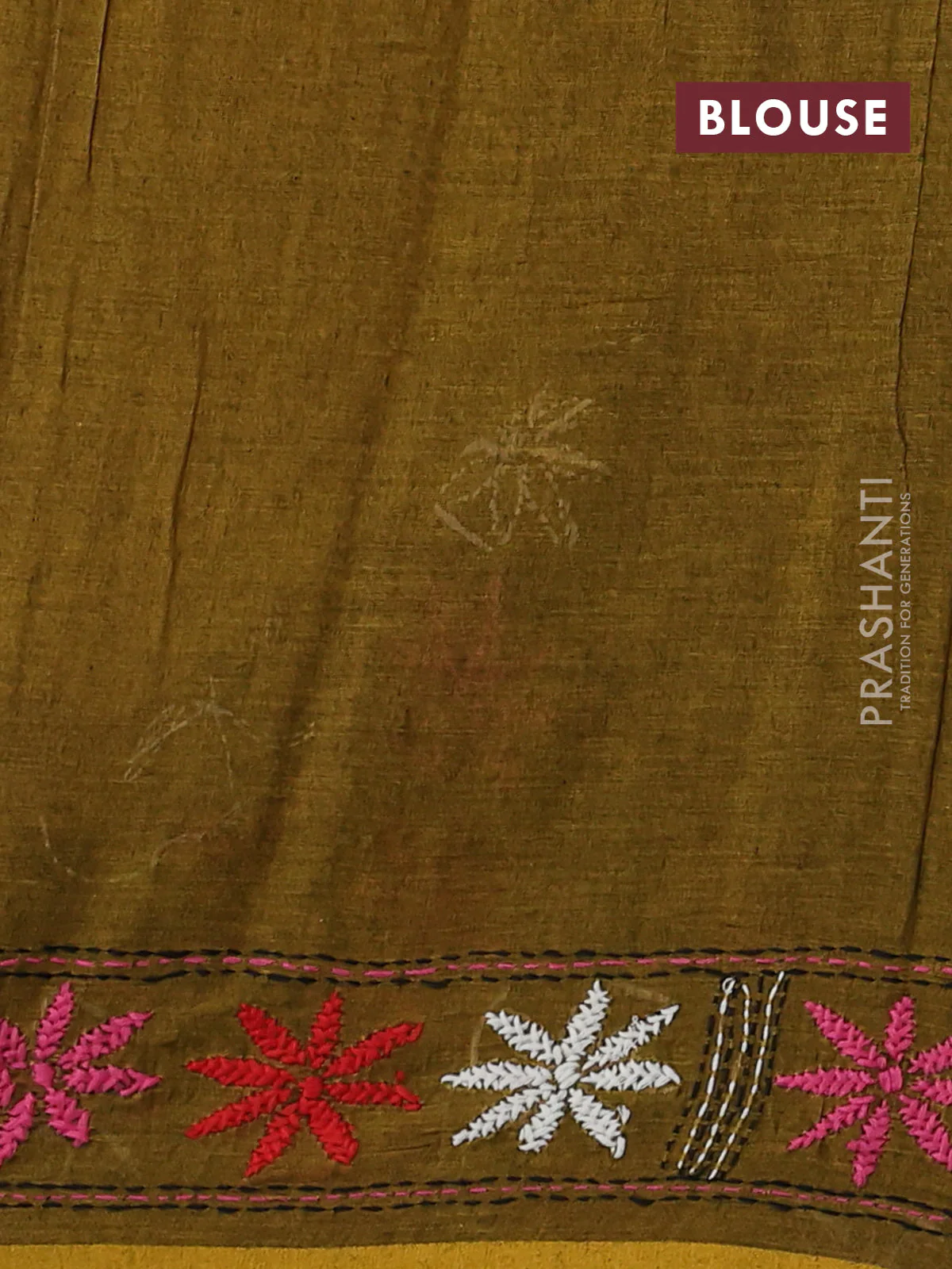 Cotton saree mehendi green with kantha stitch work and kantha stitch work pallu - Image 3