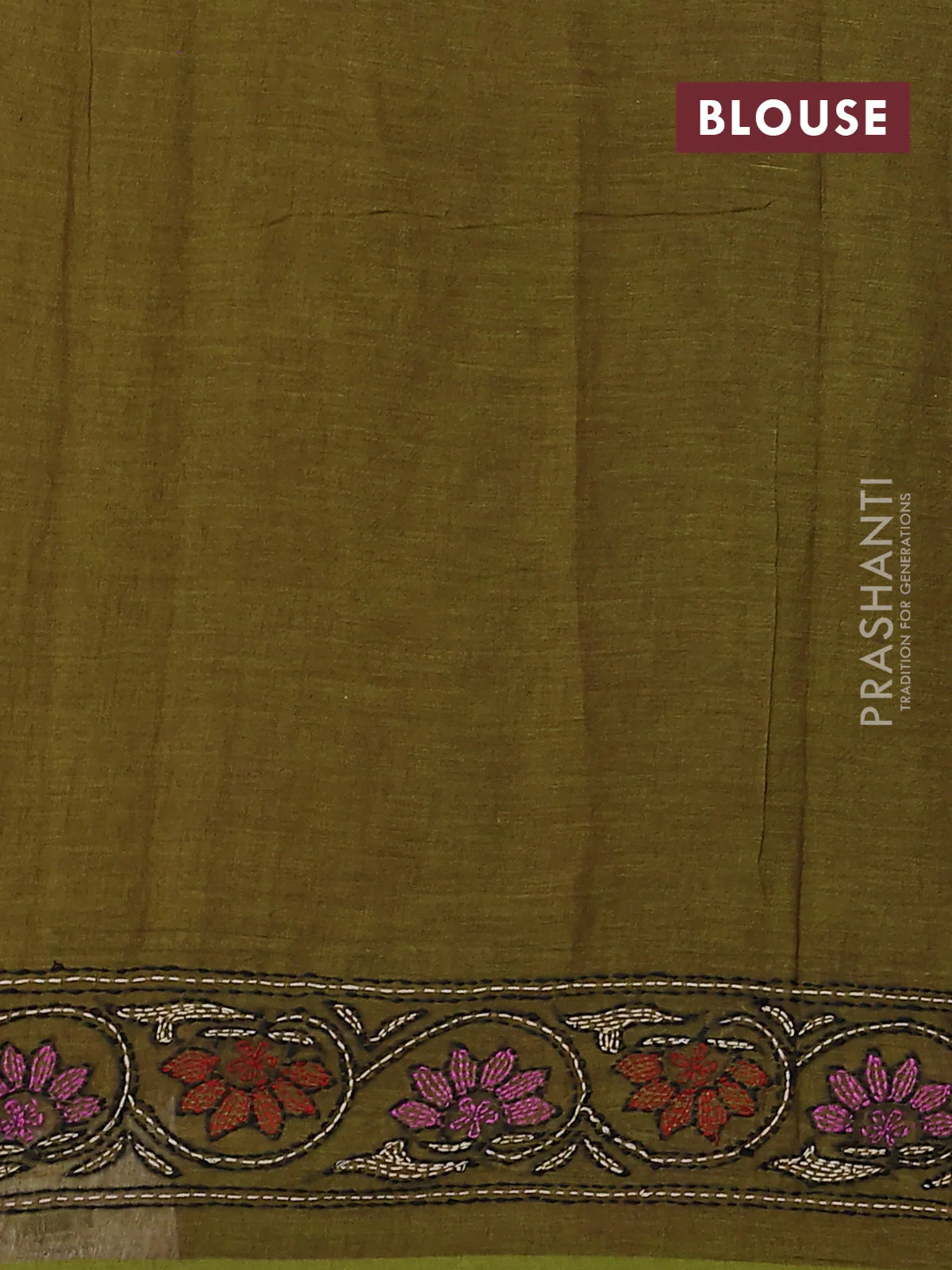 Cotton saree mehendi green with kantha stitch work and kantha stitch work pallu - Image 3