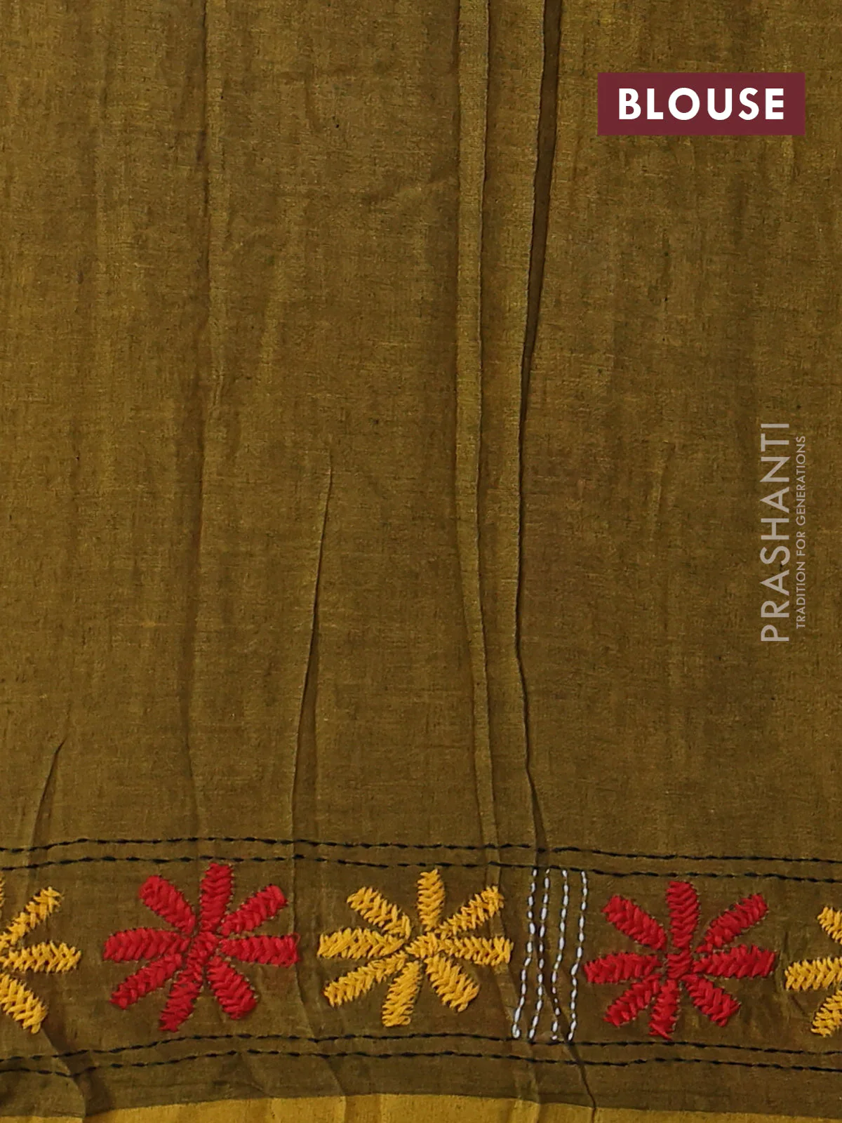 Cotton saree mehendi green with kantha stitch work and kantha stitch work pallu - Image 3