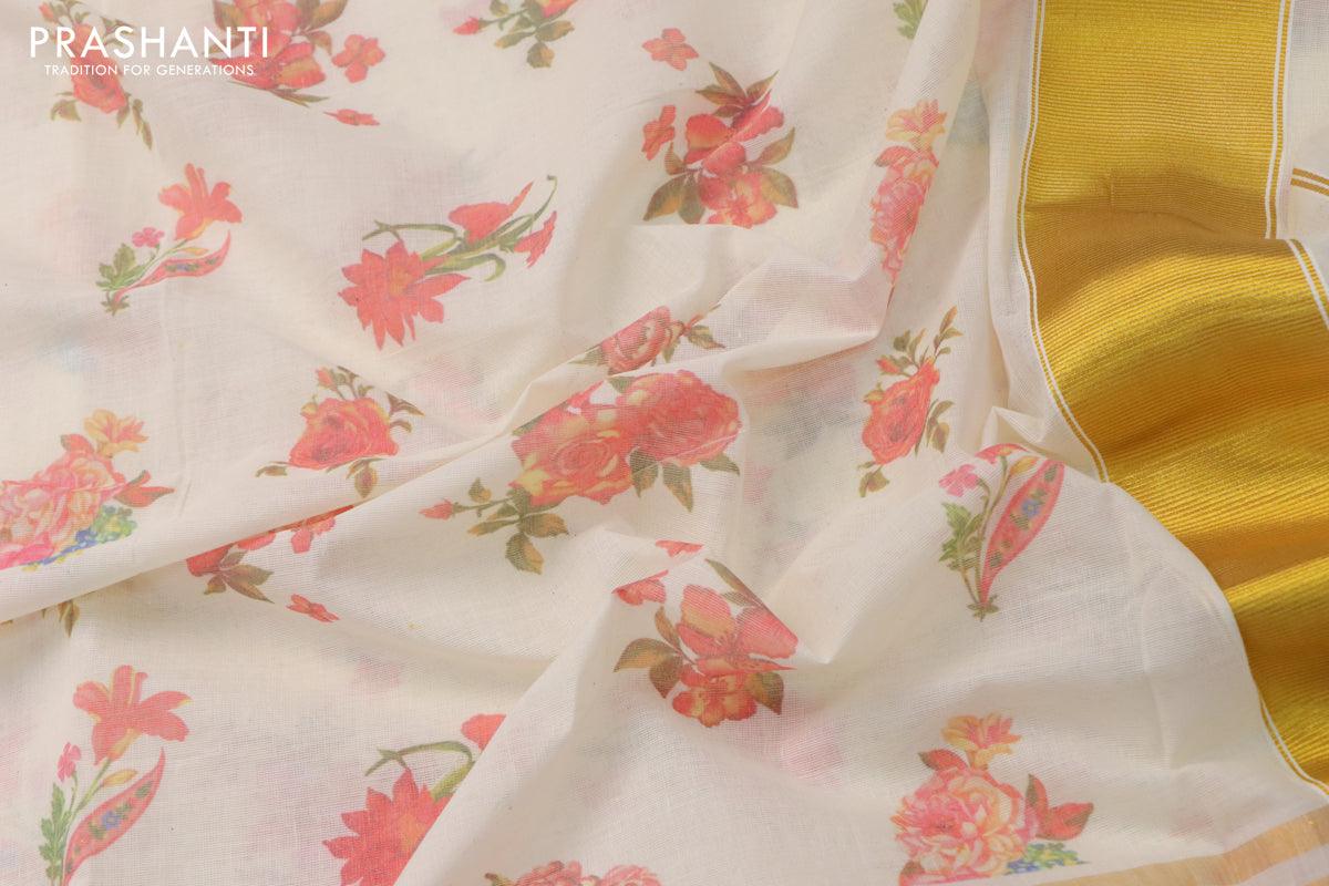 Cotton saree off white and  with allover floral prints and long zari woven border - Image 3