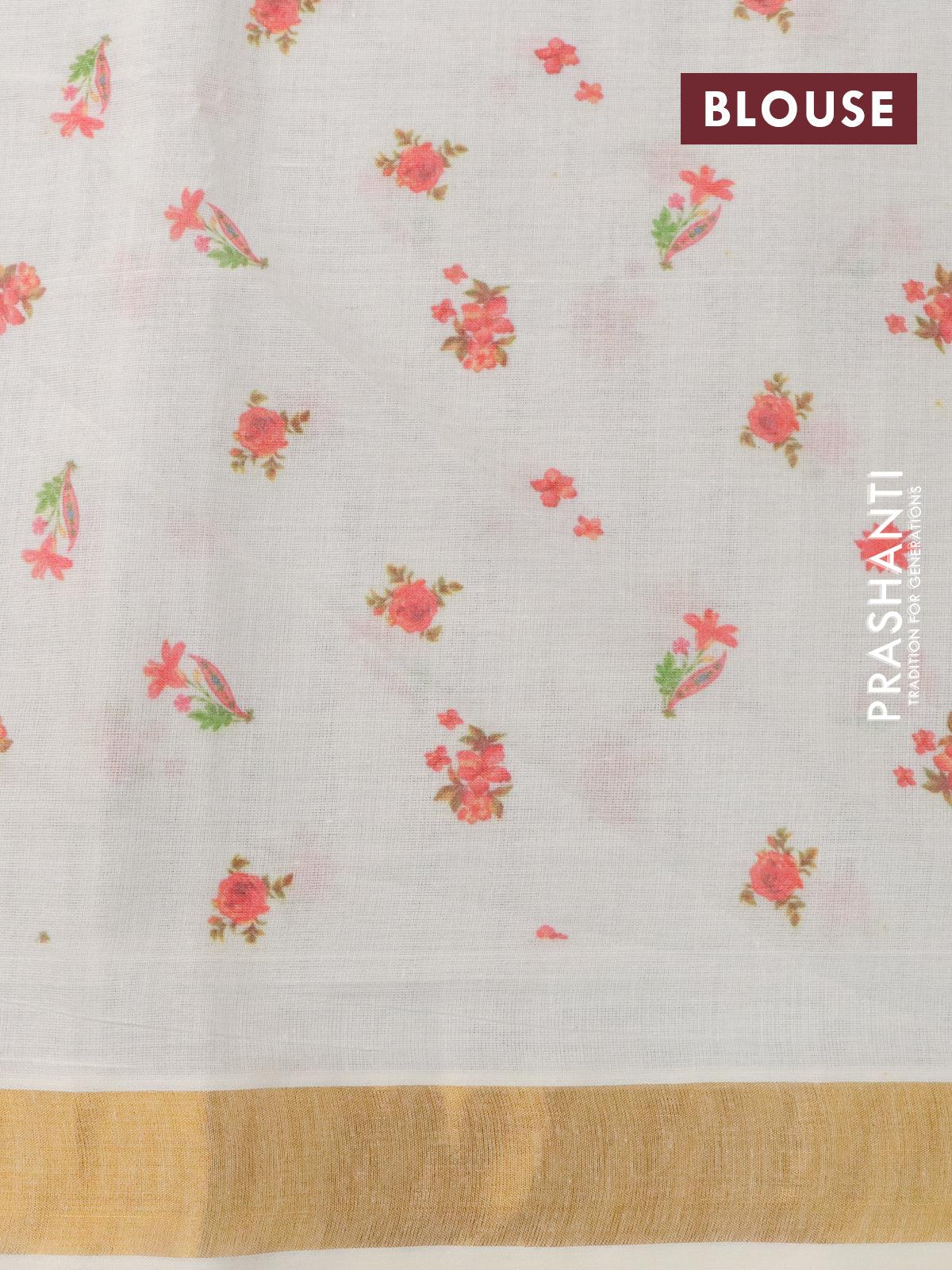 Cotton saree off white and  with allover floral prints and long zari woven border - Image 4