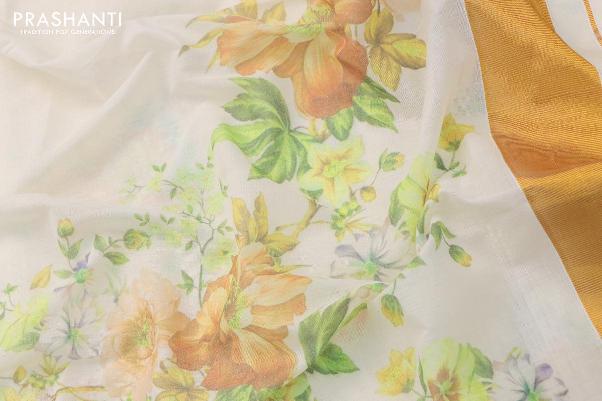 Cotton saree off white and  with allover floral prints and zari woven border - Image 3