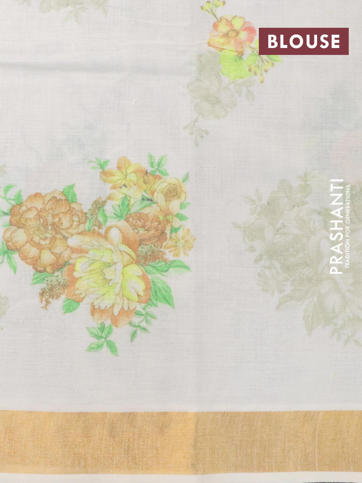 Cotton saree off white and  with allover floral prints and zari woven border - Image 4