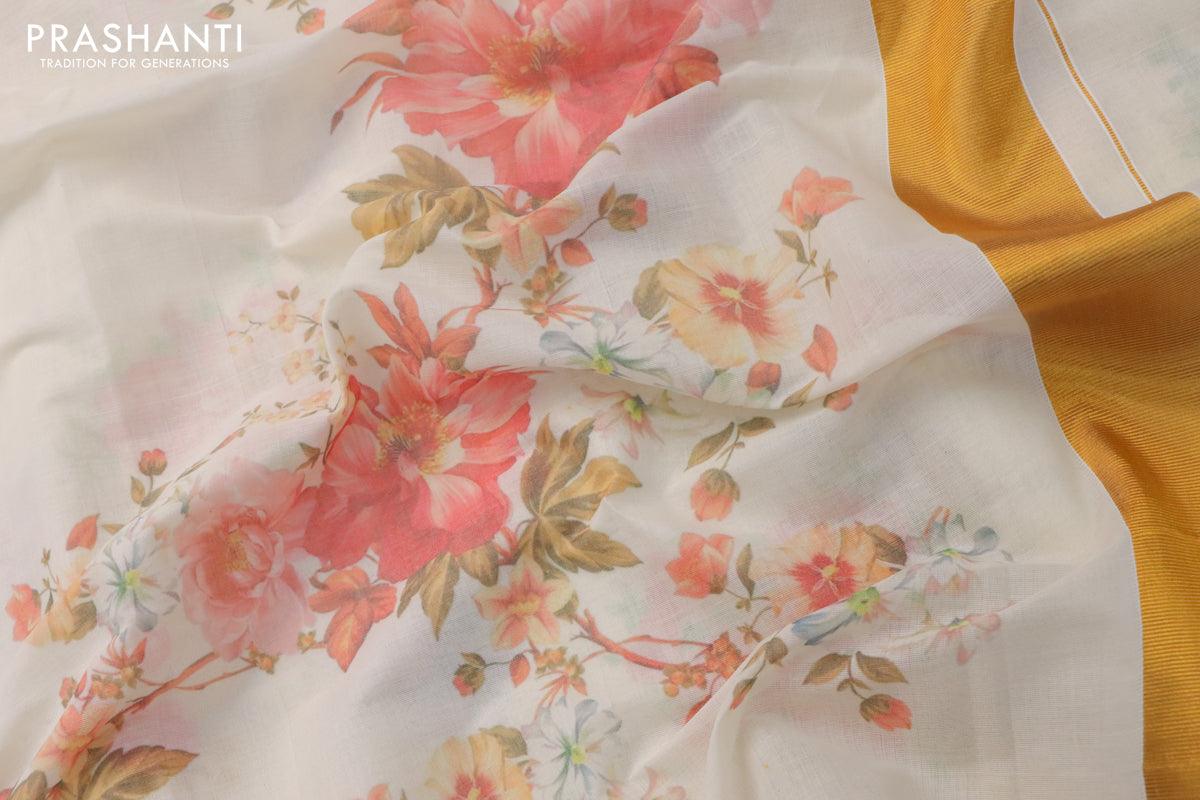 Cotton saree off white and  with allover floral prints and zari woven border - Image 3