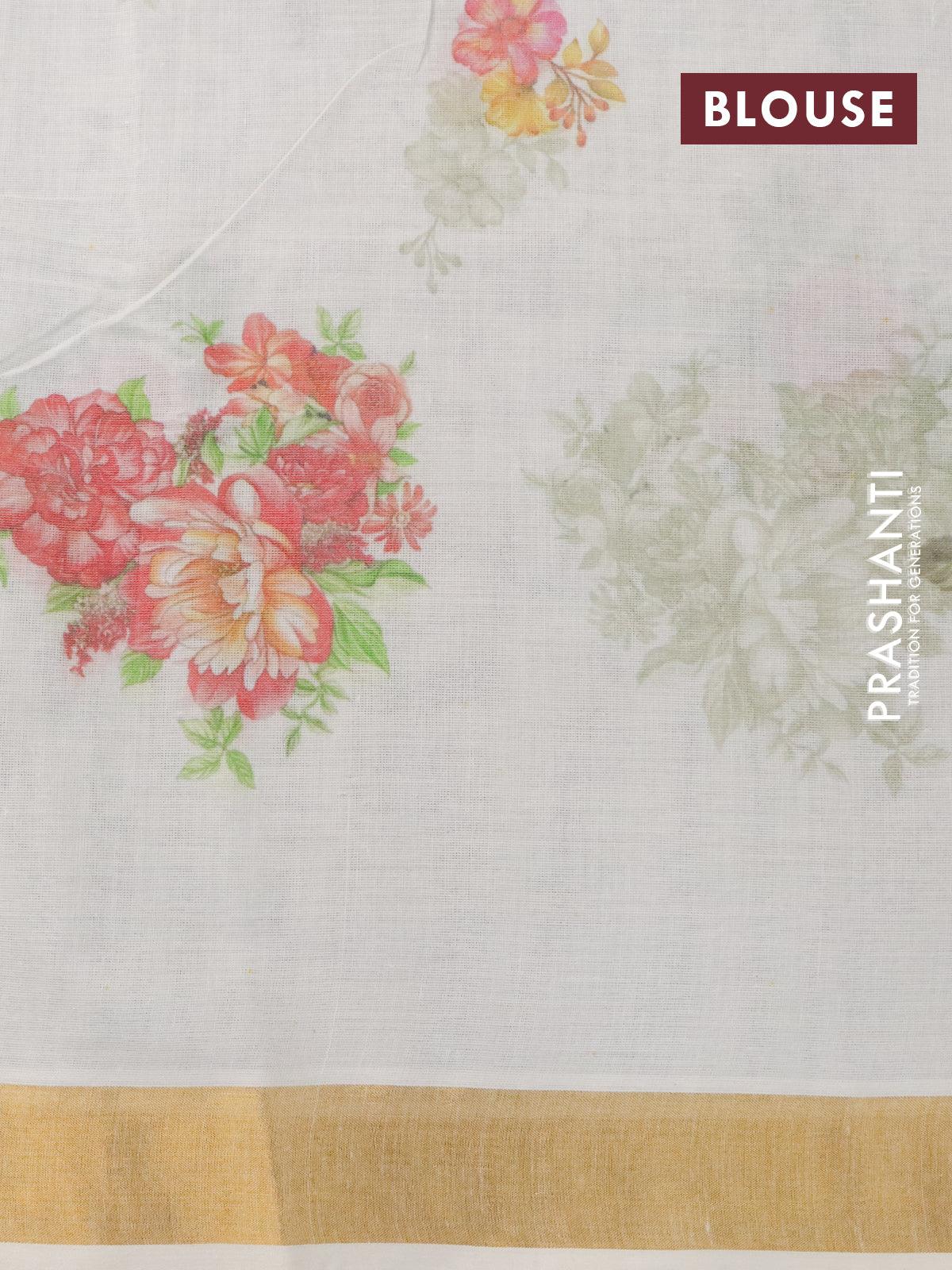 Cotton saree off white and  with allover floral prints and zari woven border - Image 4