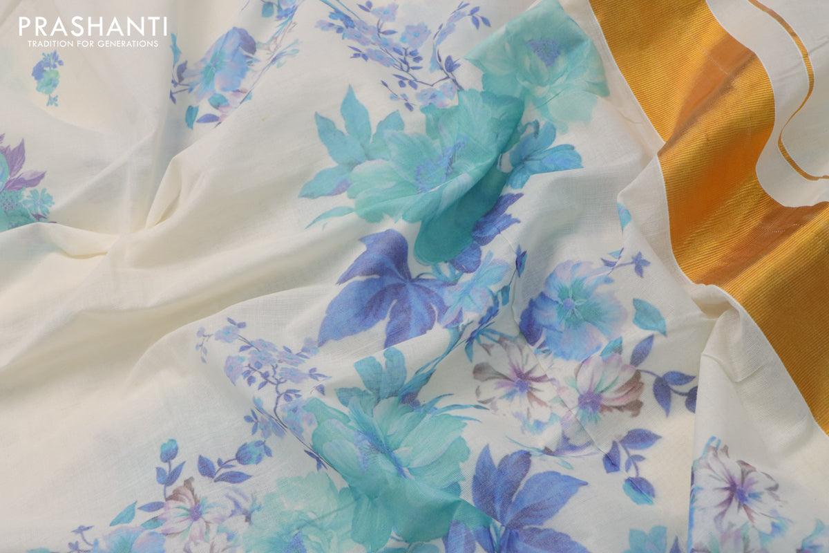Cotton saree off white and  with allover floral prints and zari woven border - Image 3