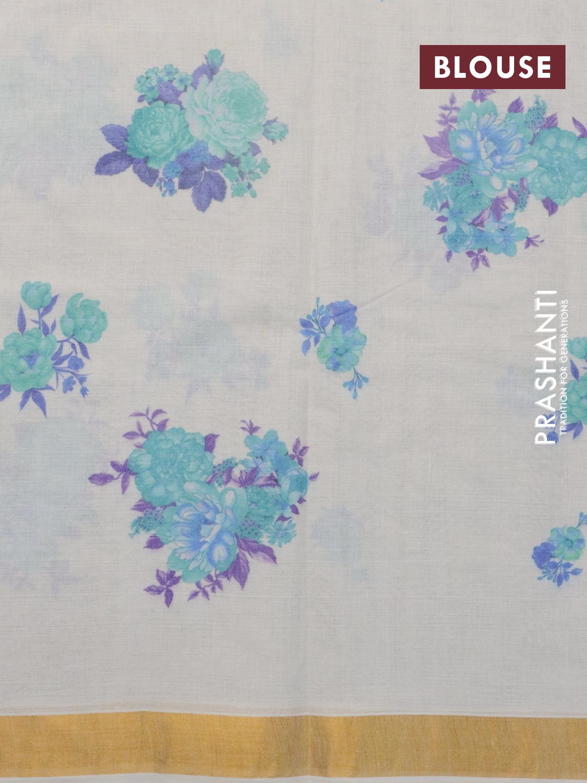 Cotton saree off white and  with allover floral prints and zari woven border - Image 4