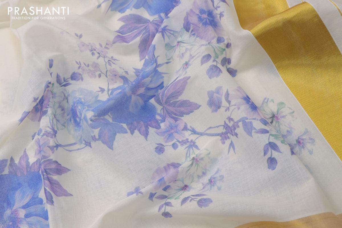 Cotton saree off white and  with allover floral prints and zari woven border - Image 3