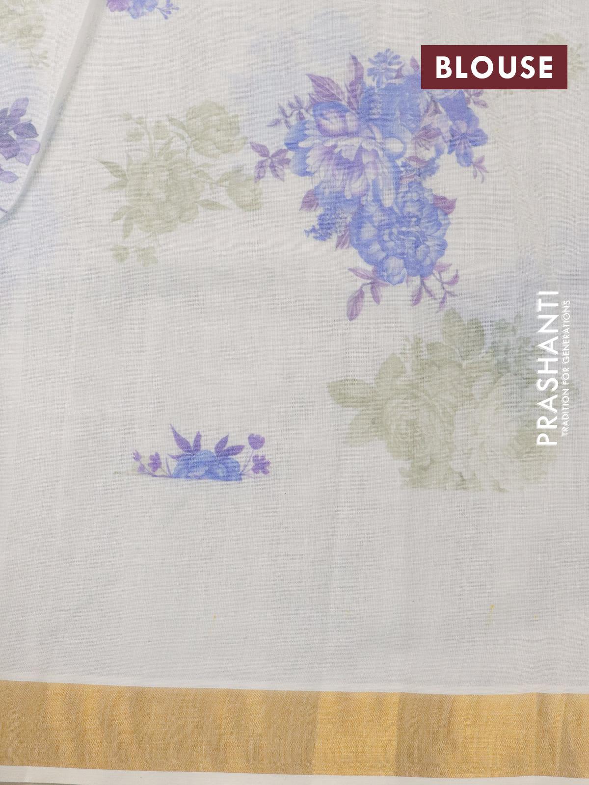 Cotton saree off white and  with allover floral prints and zari woven border - Image 4