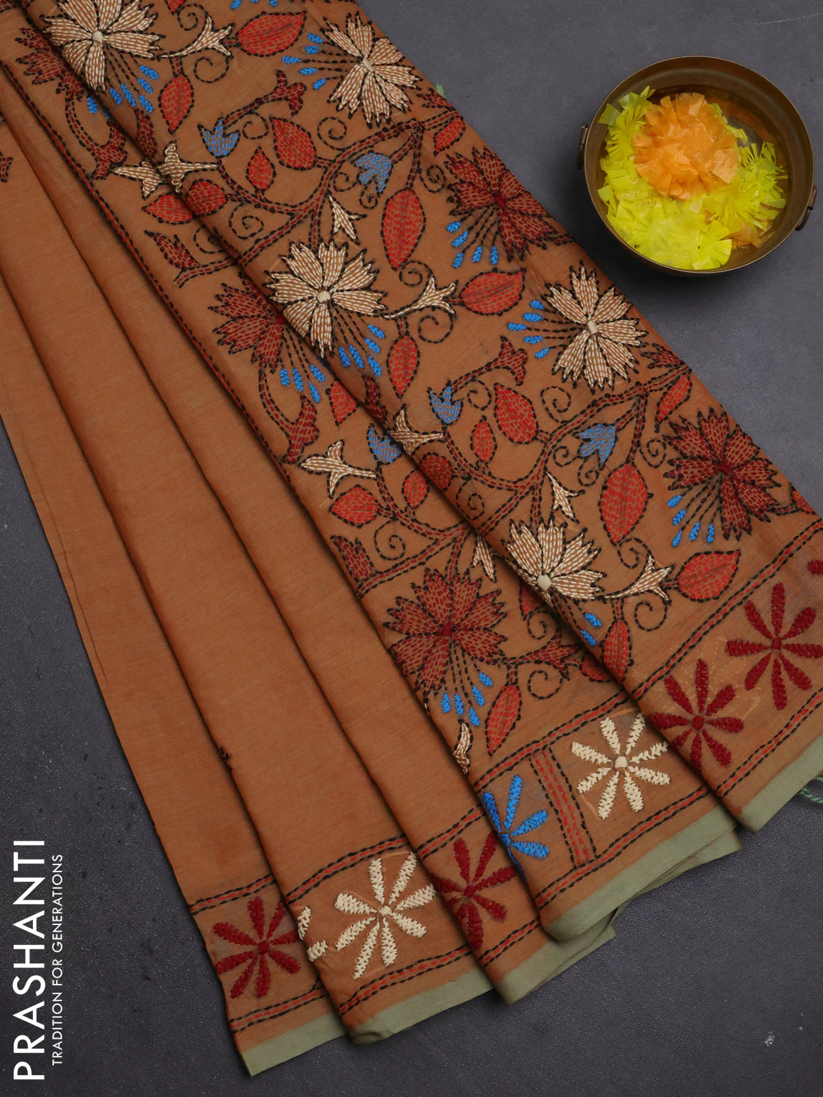 Cotton saree orange and pastel green with kantha stitch work and kantha stitch work pallu
