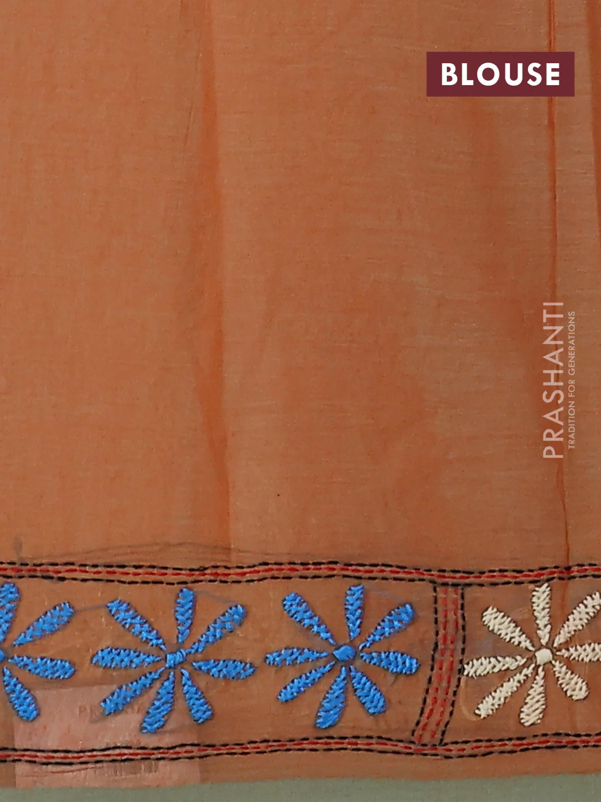 Cotton saree orange and pastel green with kantha stitch work and kantha stitch work pallu - Image 3
