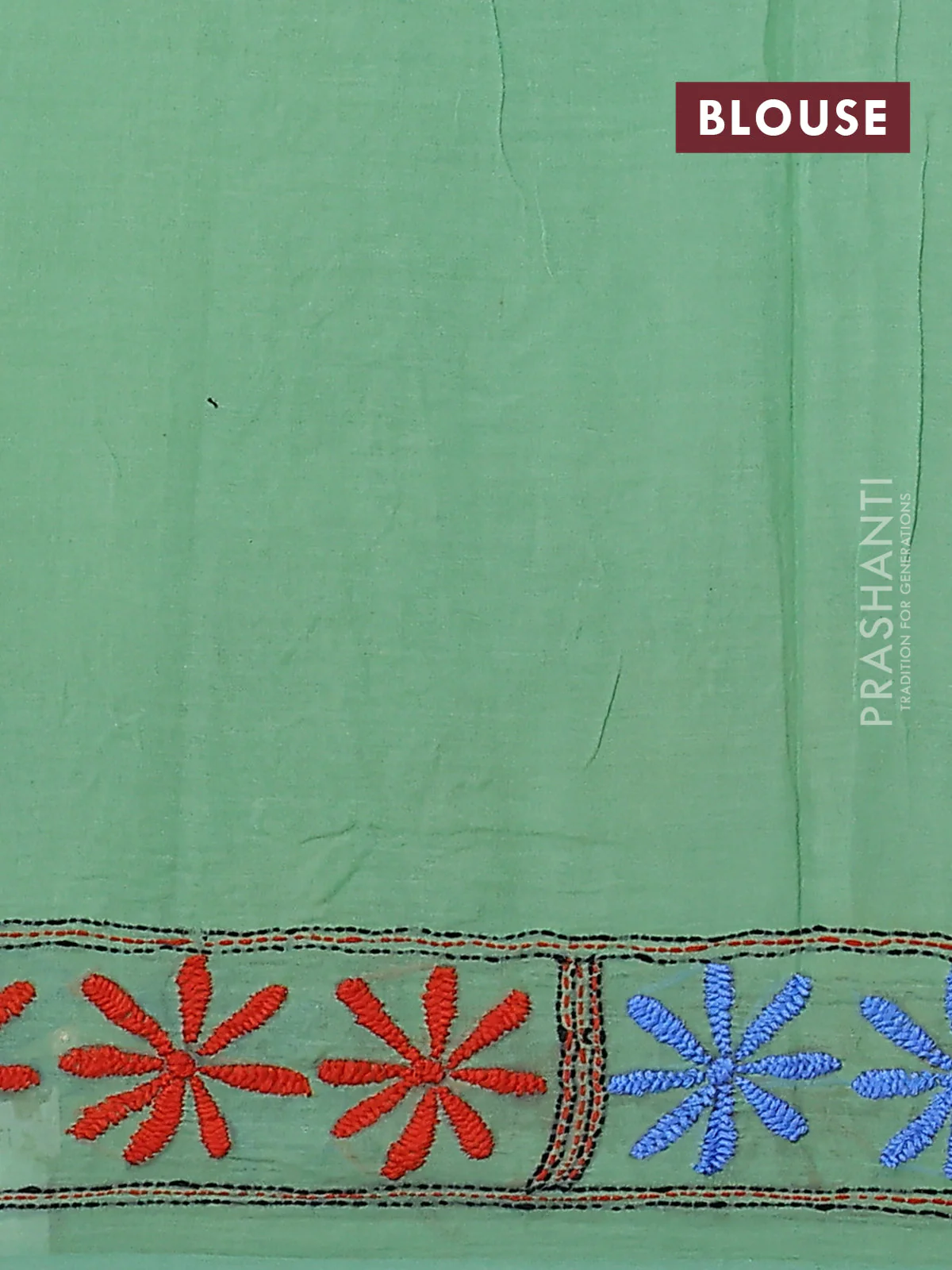 Cotton saree pastel green with kantha stitch work and kantha stitch work pallu - Image 3