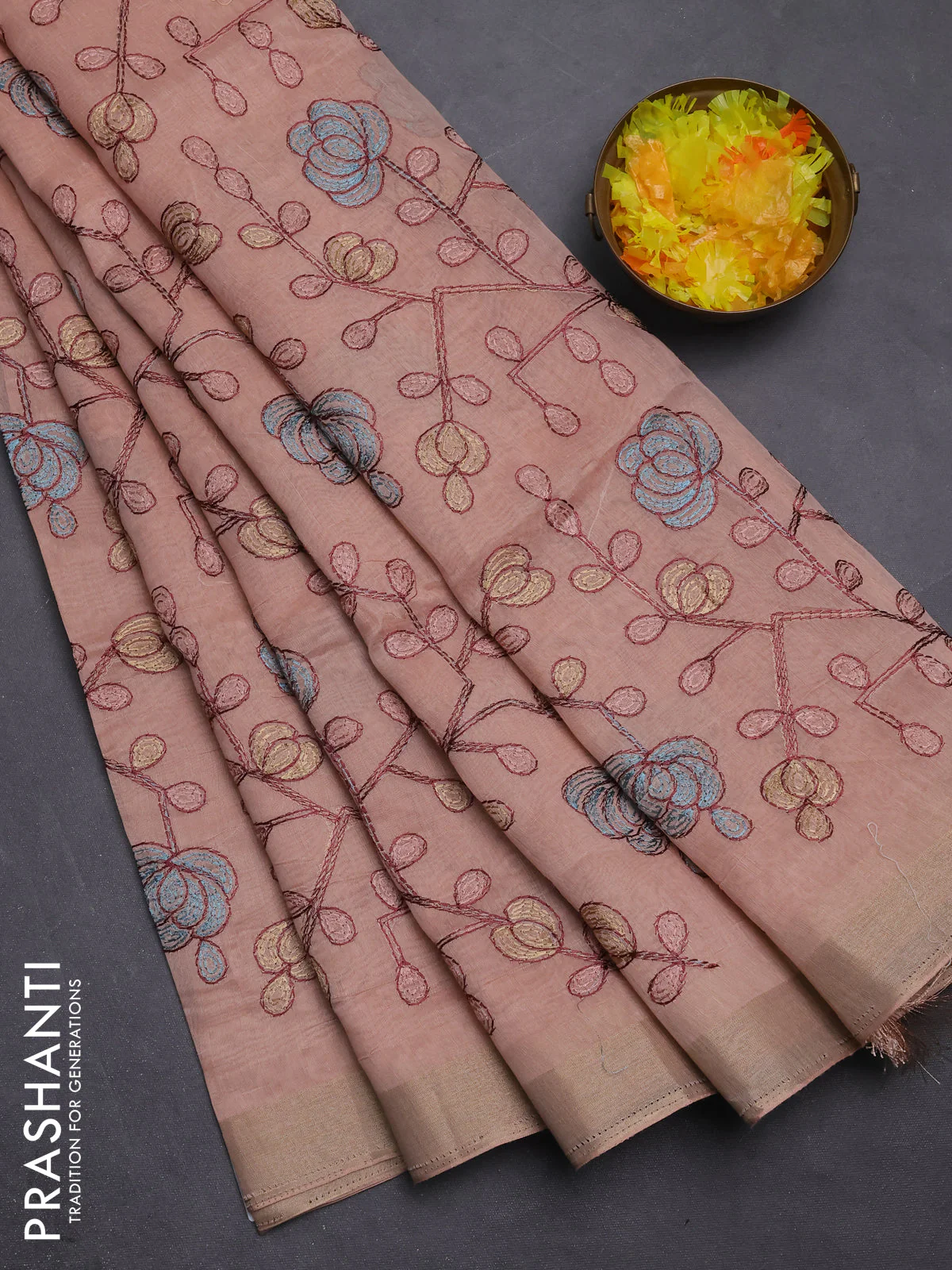 Cotton Saree peach shade with allover kantha work and zari woven border
