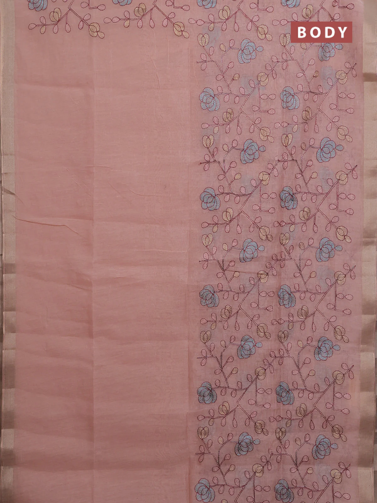 Cotton Saree peach shade with allover kantha work and zari woven border - Image 2