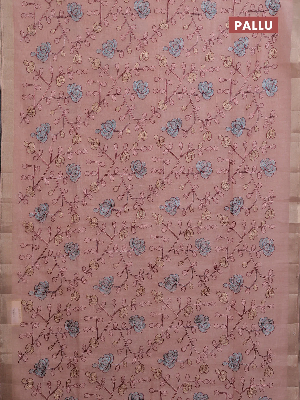 Cotton Saree peach shade with allover kantha work and zari woven border - Image 3