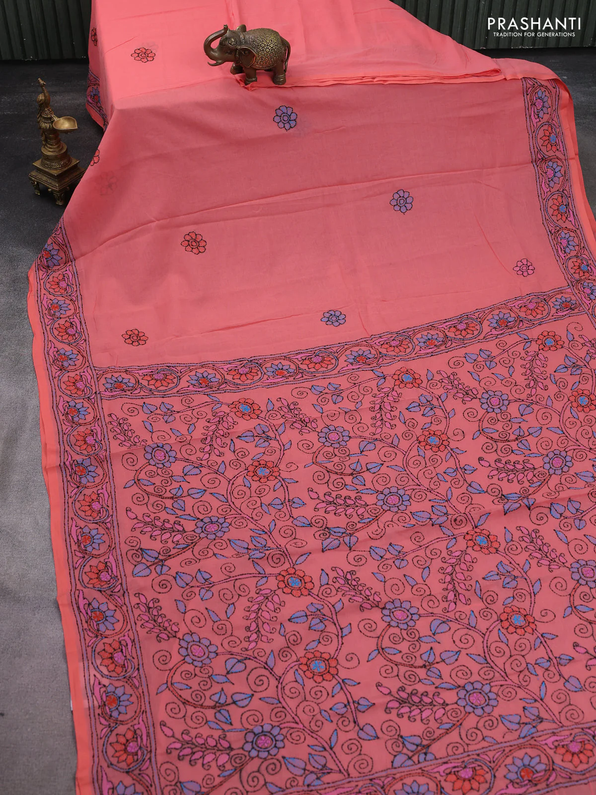 Cotton saree peach with kantha stitch work and kantha stitch work pallu - Image 2