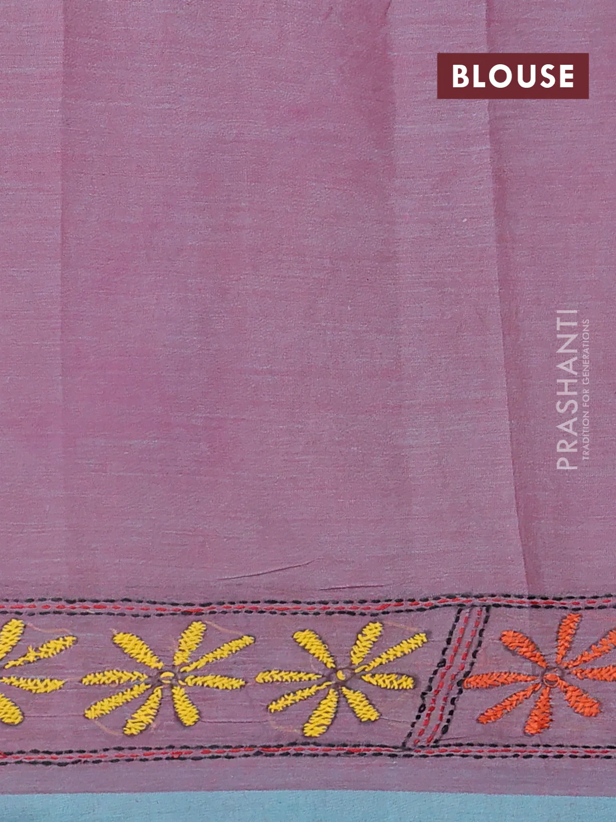 Cotton saree pink and teal green with kantha stitch work and kantha stitch work pallu - Image 3