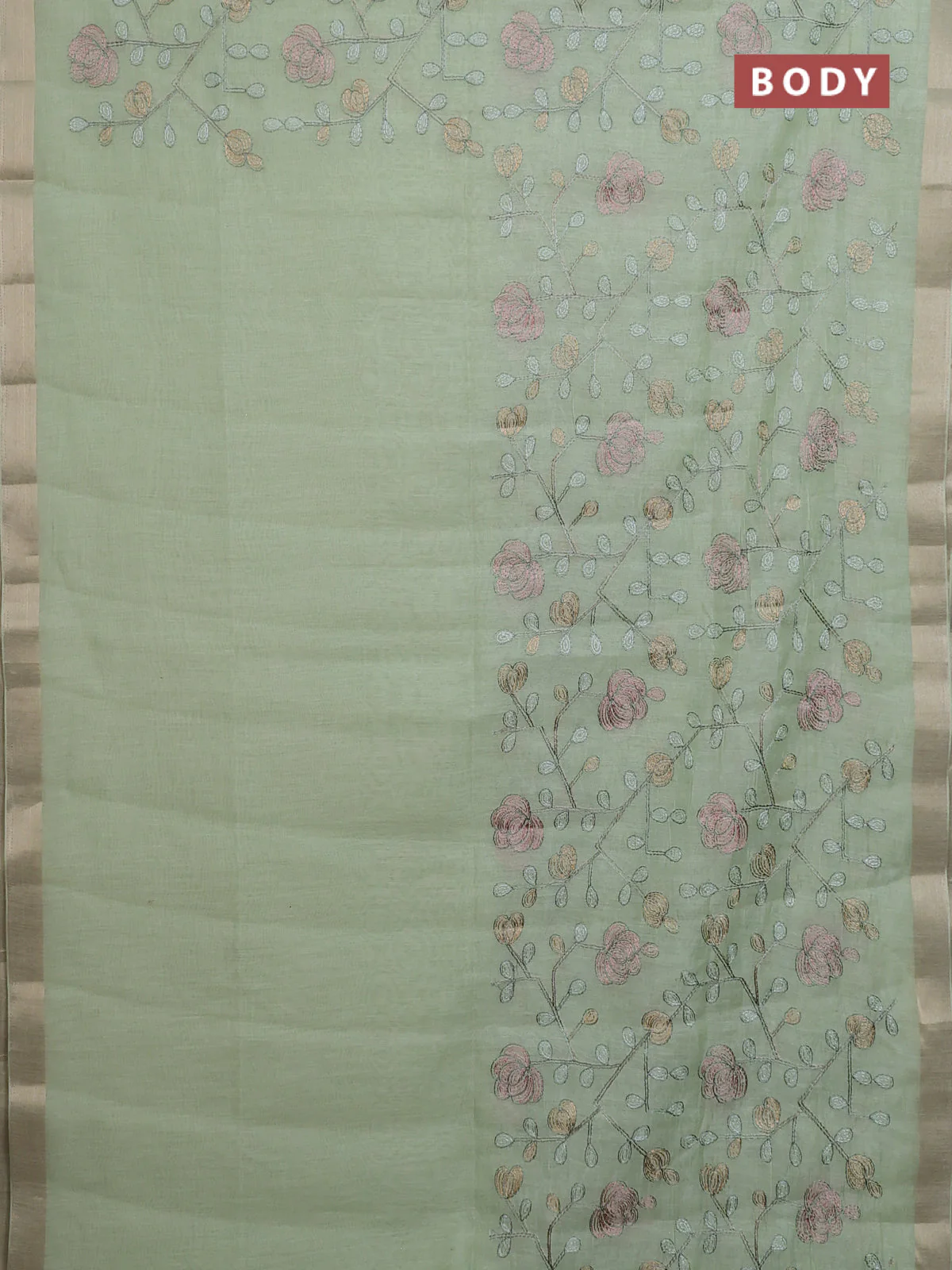 Cotton Saree pista green with allover kantha work and zari woven border - Image 2