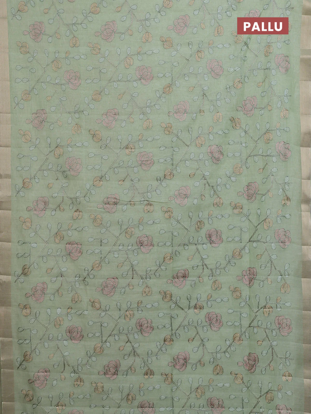 Cotton Saree pista green with allover kantha work and zari woven border - Image 3